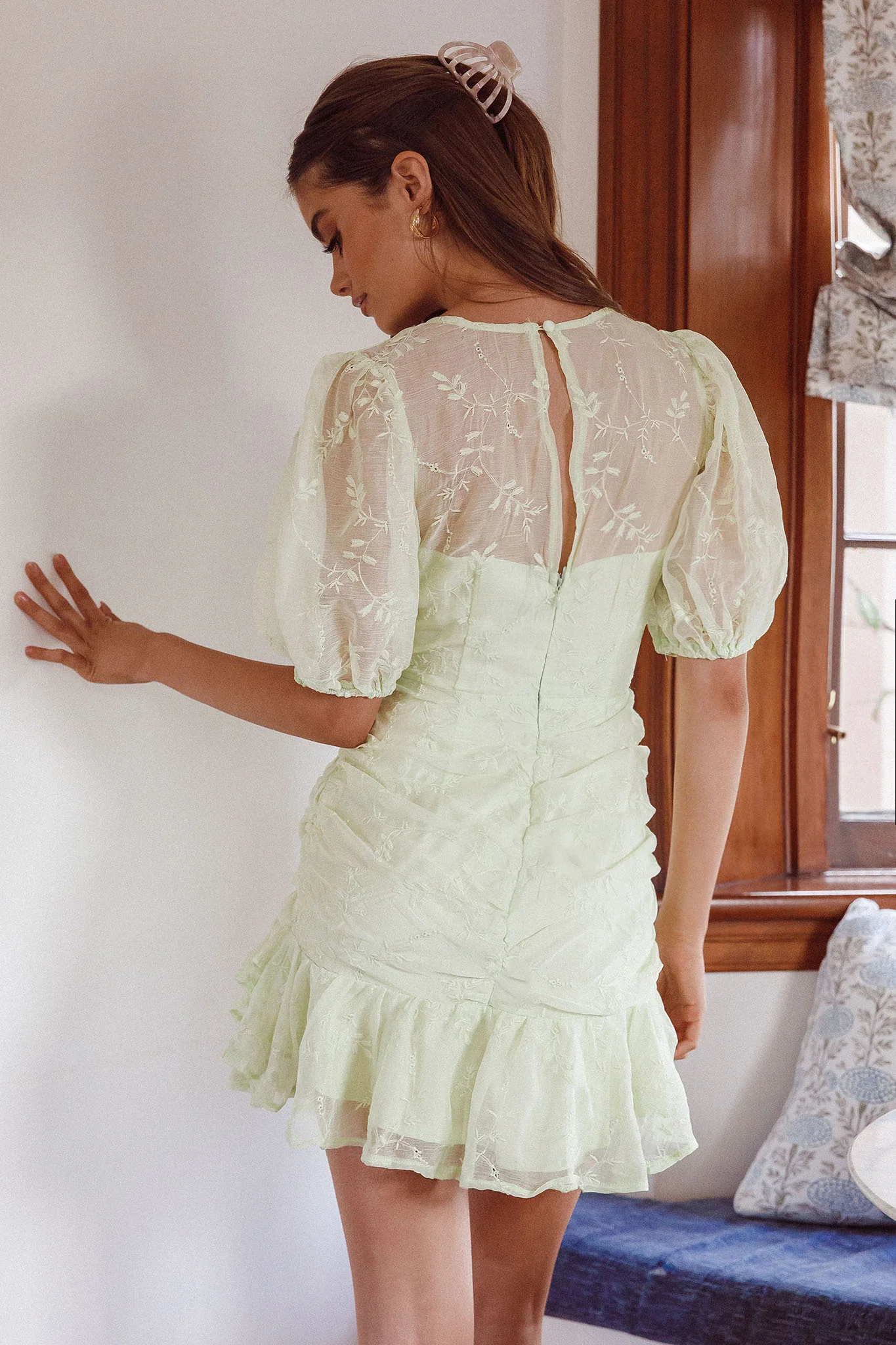 Cherry Blossom Puff Sleeve Wide Ruffle Hem Dress Apple - Sonourner