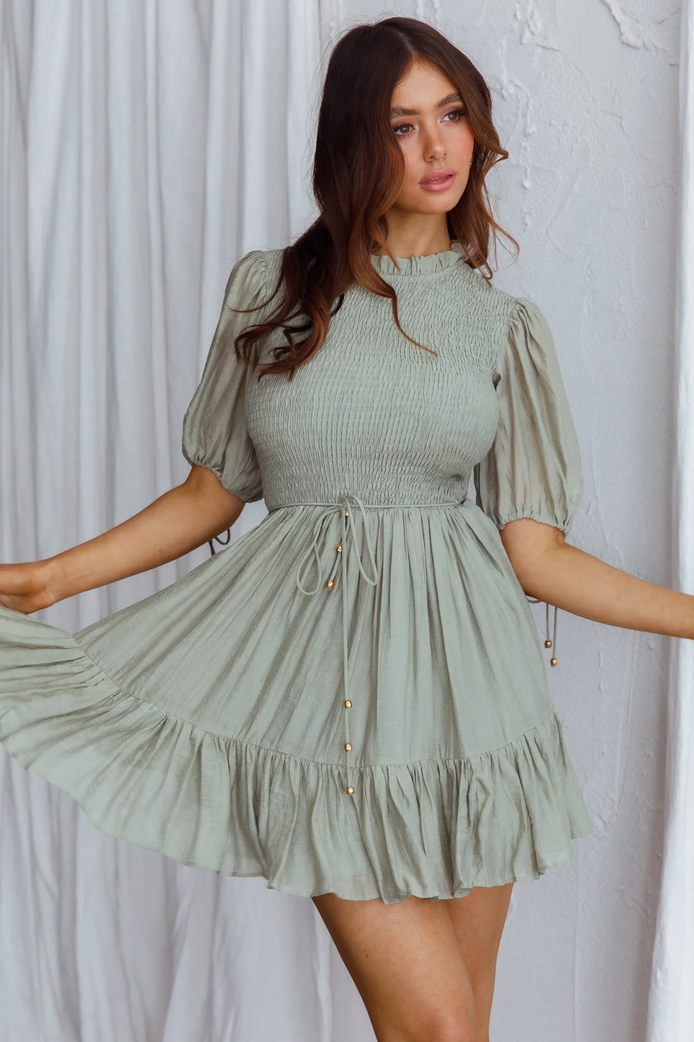 Secret Garden Puff Sleeve Smocked Bodice Dress Avocado - Sonourner