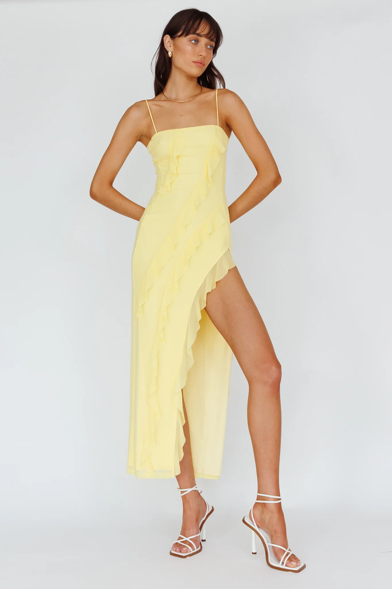 Catriona Split Ruffle Midi Dress Lemon - Sonourner
