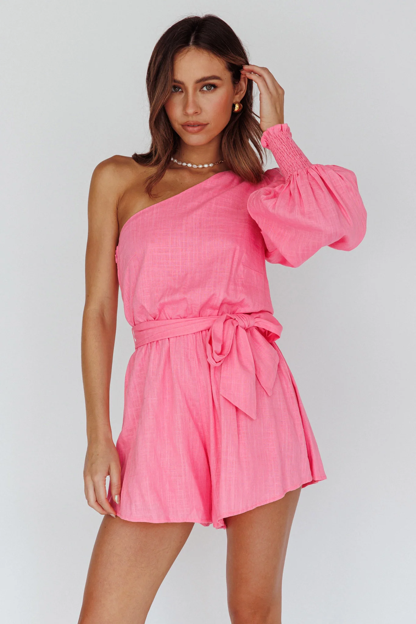 Summer Lover One-Shoulder Long Sleeve Romper Pink - Sonourner