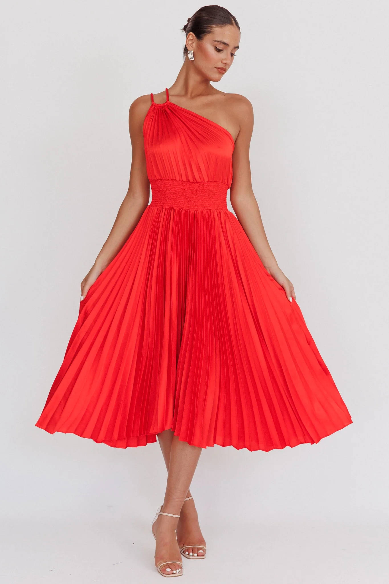 Calissa One Shoulder Pleated Midi Dress Red - Sonourner