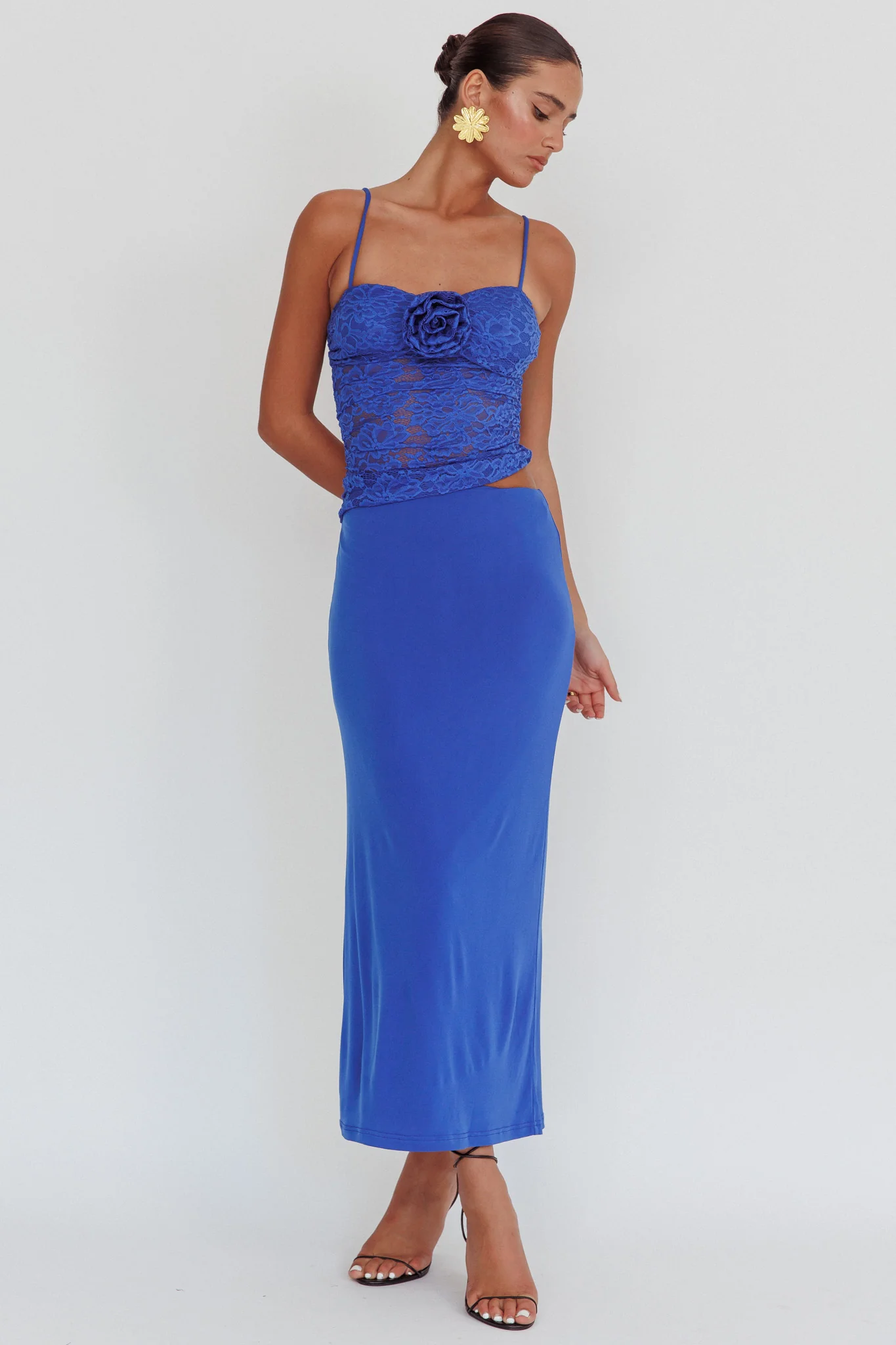 Lorely Lace Rosette Maxi Dress Top Blue - Sonourner