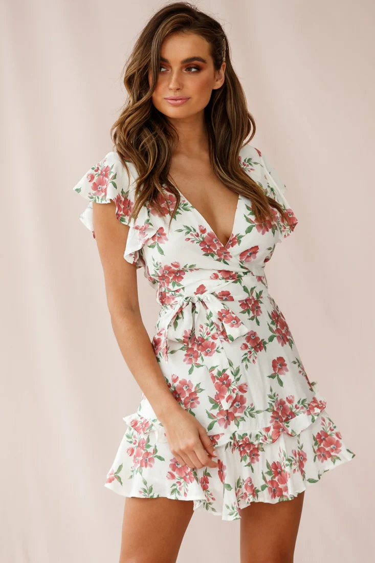 Love Letter Ruffle Sleeve Waist Tie Dress Floral Print White - Sonourner