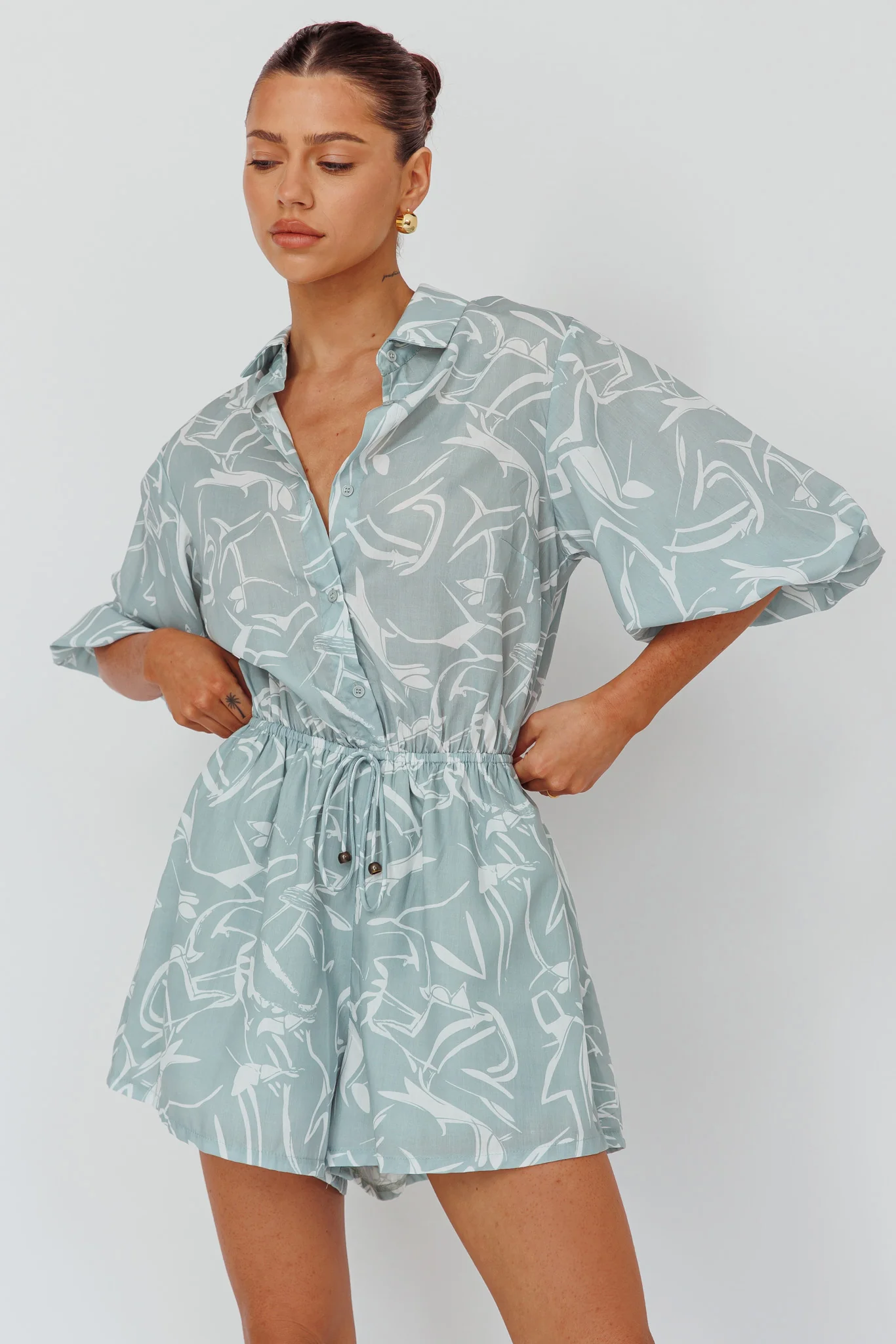 Tiki Puff Sleeve Drawstring Romper Print Sage - Sonourner