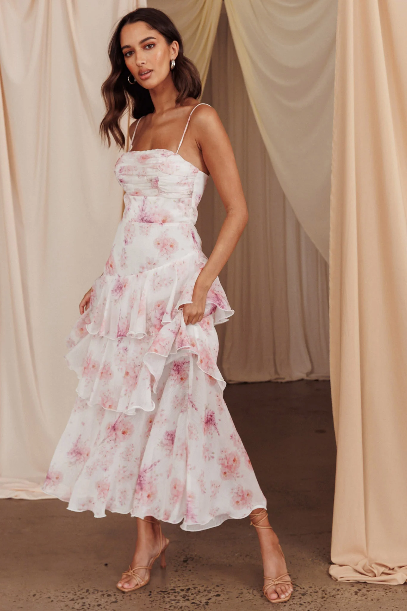 Veda Tiered Layer Midi Dress Floral Blush - Sonourner