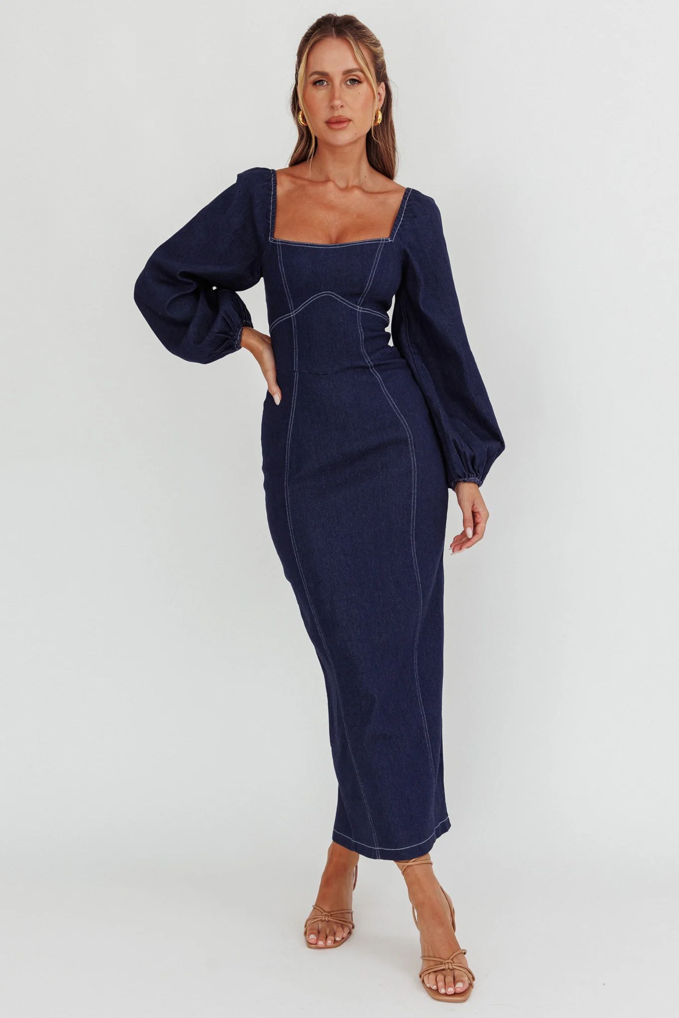 Bay Side Long Sleeve Denim Midi Dress Indigo - Sonourner
