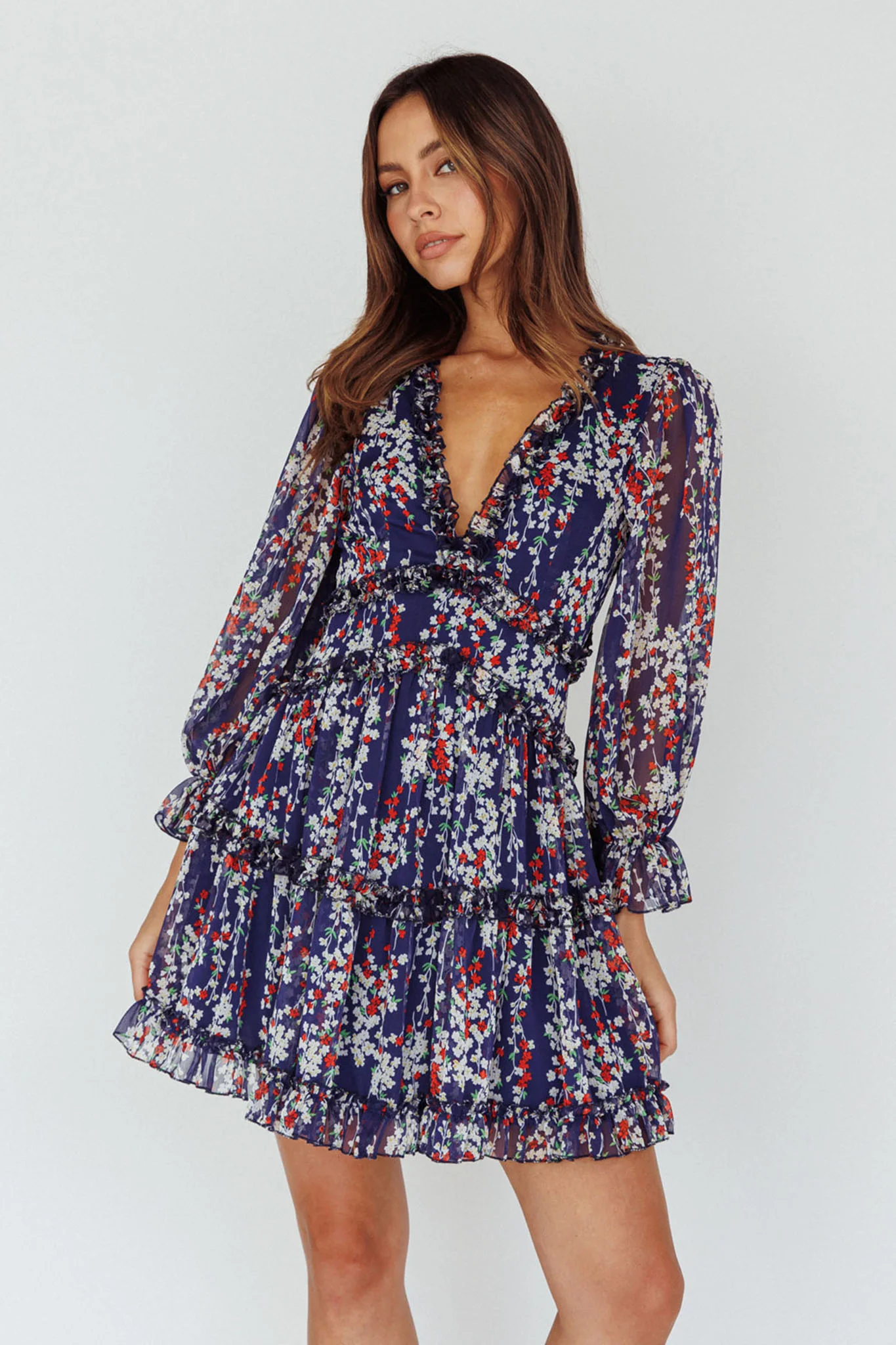 Laney Cutout Back Ruffle Detail Floral Dress Navy - Sonourner