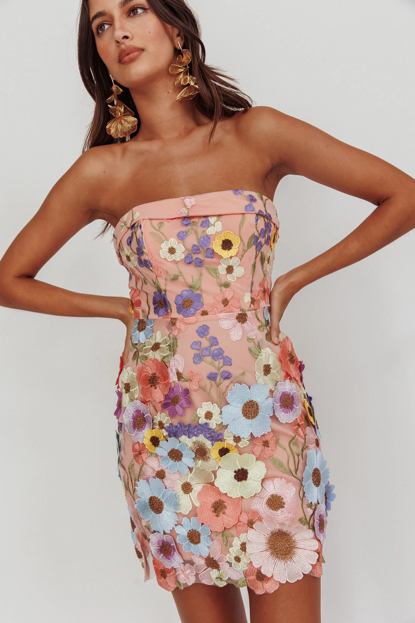 Flora Day Strapless Floral Embellished Mini Dress Pale Pink - Sonourner