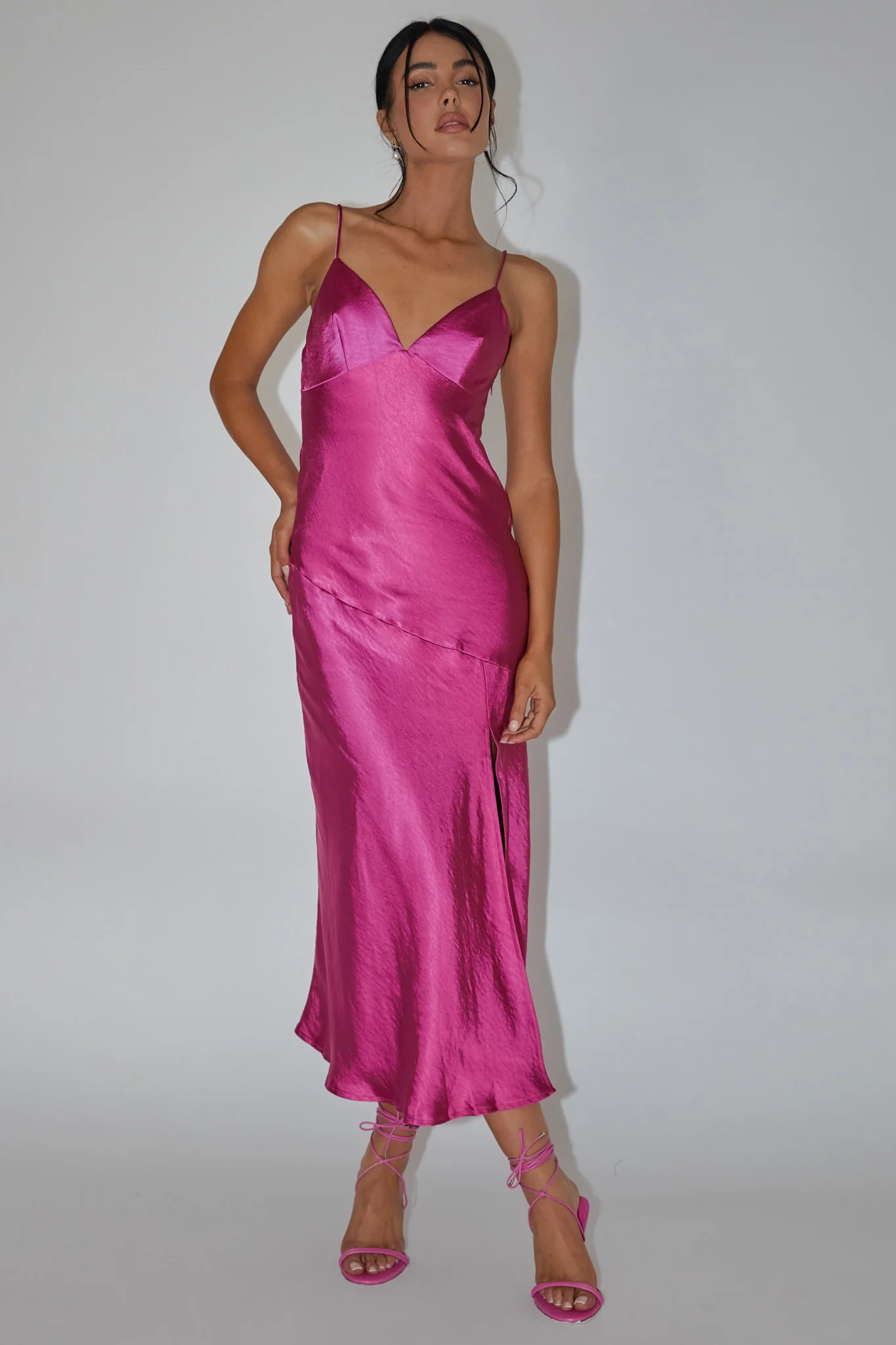 Downtown Cami Strap Front Split Midi Dress Fuchsia - Sonourner