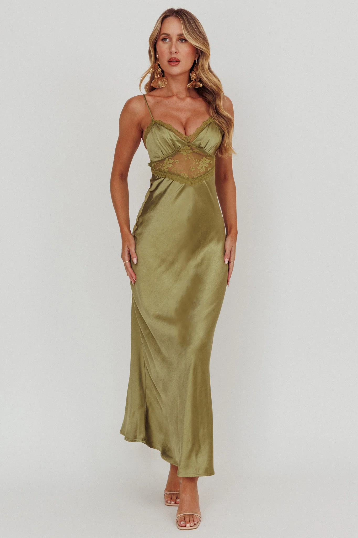 Her theory Lace Trim Maxi Dress Olive - Sonourner