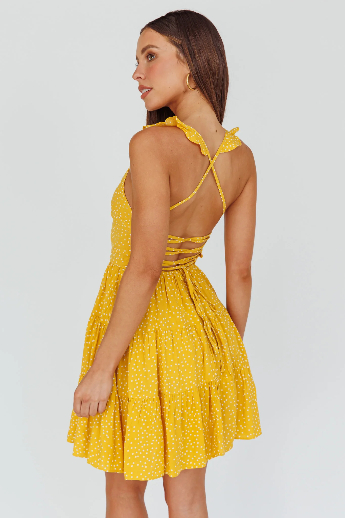 Allegra Fluted Hem Lace-Up Back Dress Yellow - Sonourner