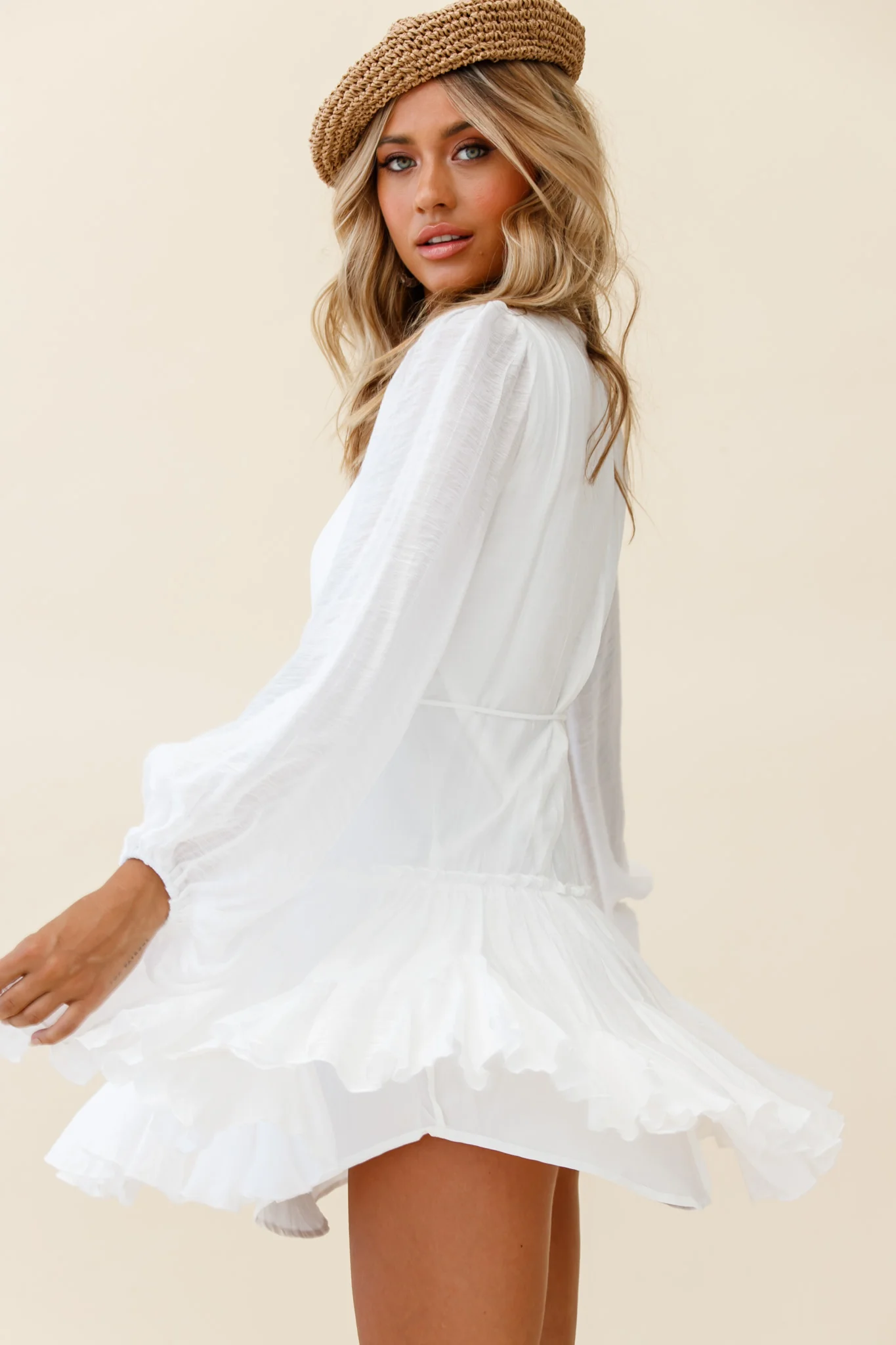 Rosabel Balloon Sleeve Fluted Hem Dress White - Sonourner