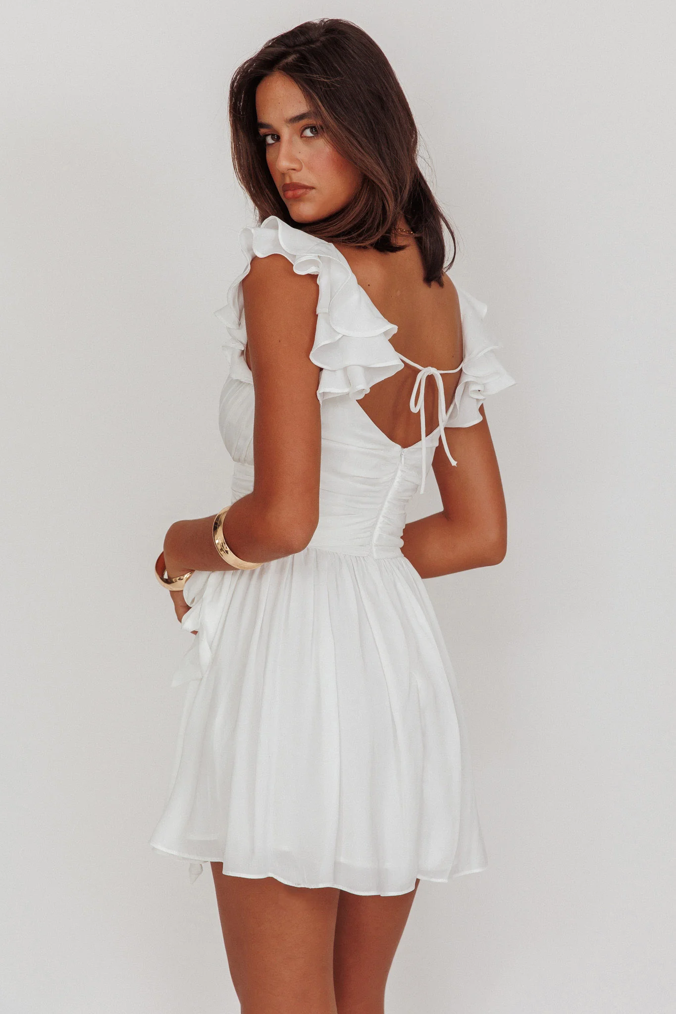 Lola Ruffle Shoulder Ruched Dress White - Sonourner