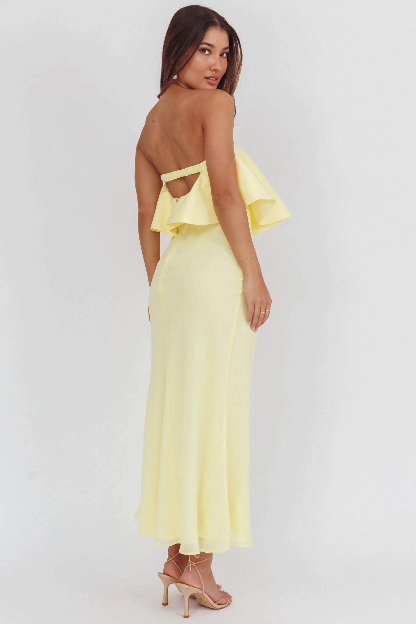 Nerina Strapless Ruffle Neckline Maxi Dress Panna Cotta - Sonourner