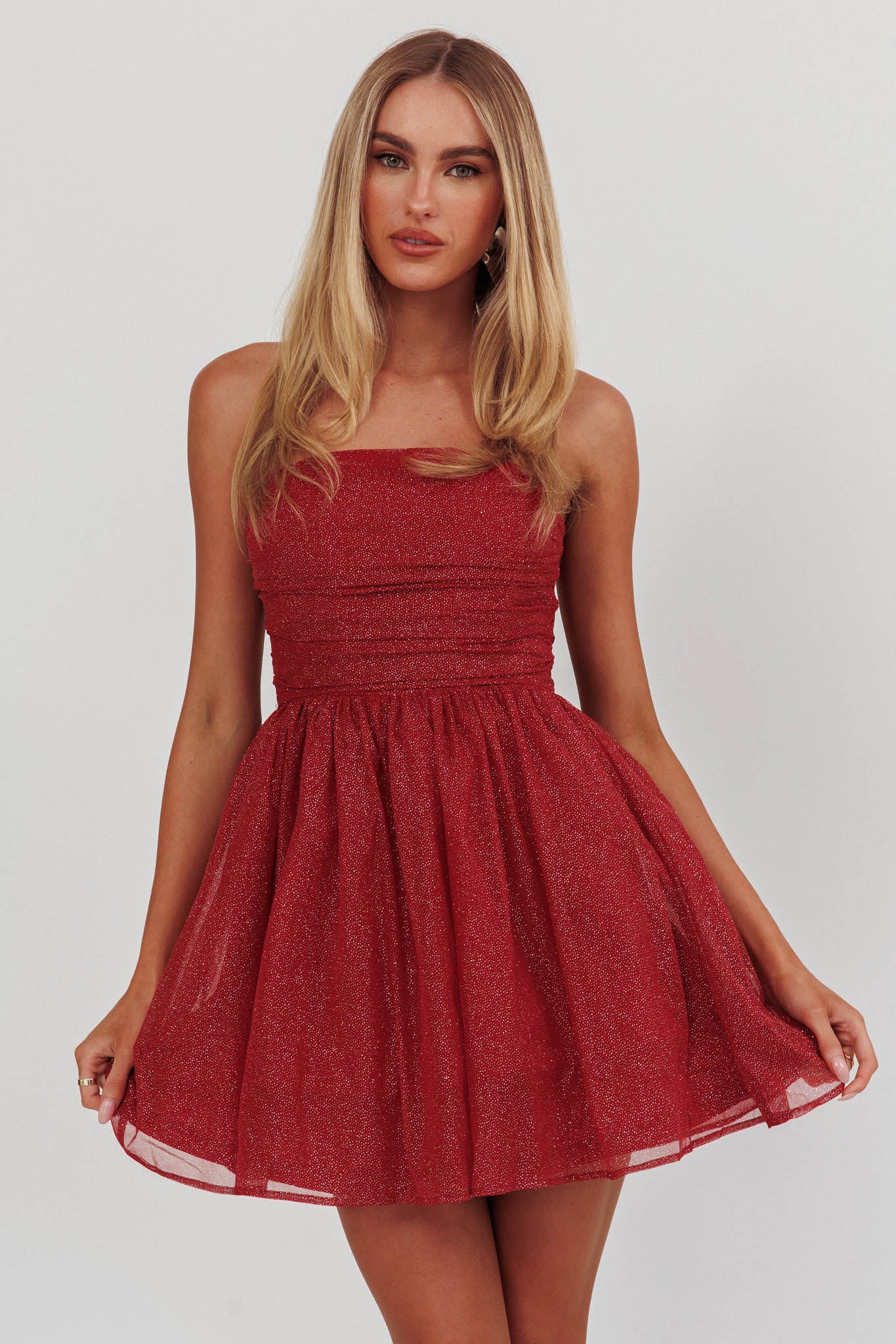 Guilty Pleasure Strapless Glitter Mini Dress Red - Sonourner