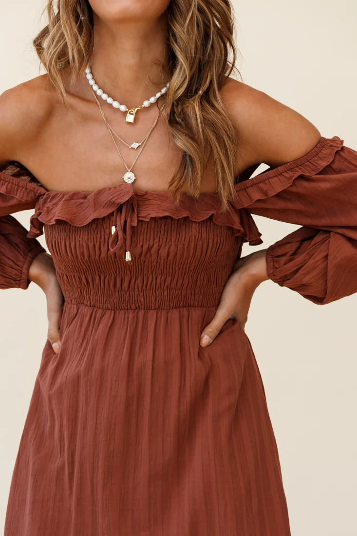 Flynn Off-Shoulder Shirred Bust Midi Dress Tan - Sonourner