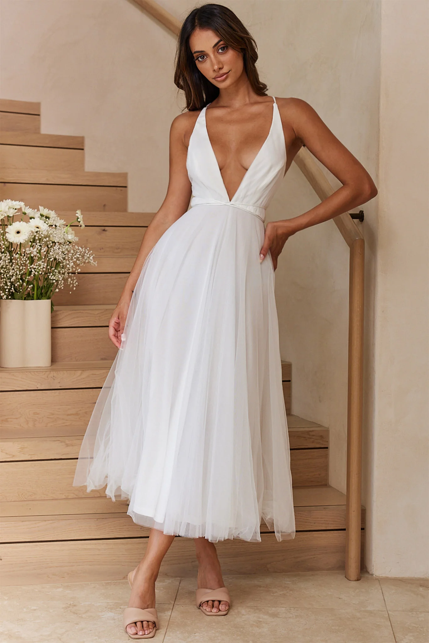 Floating By Plunging Neckline Mesh Overlay Midi Dress White - Sonourner