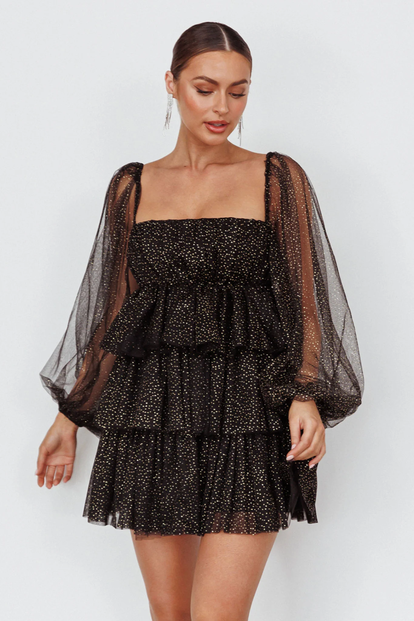 Spring Morning Long Sleeve Tiered Mini Dress Black/Gold - Sonourner