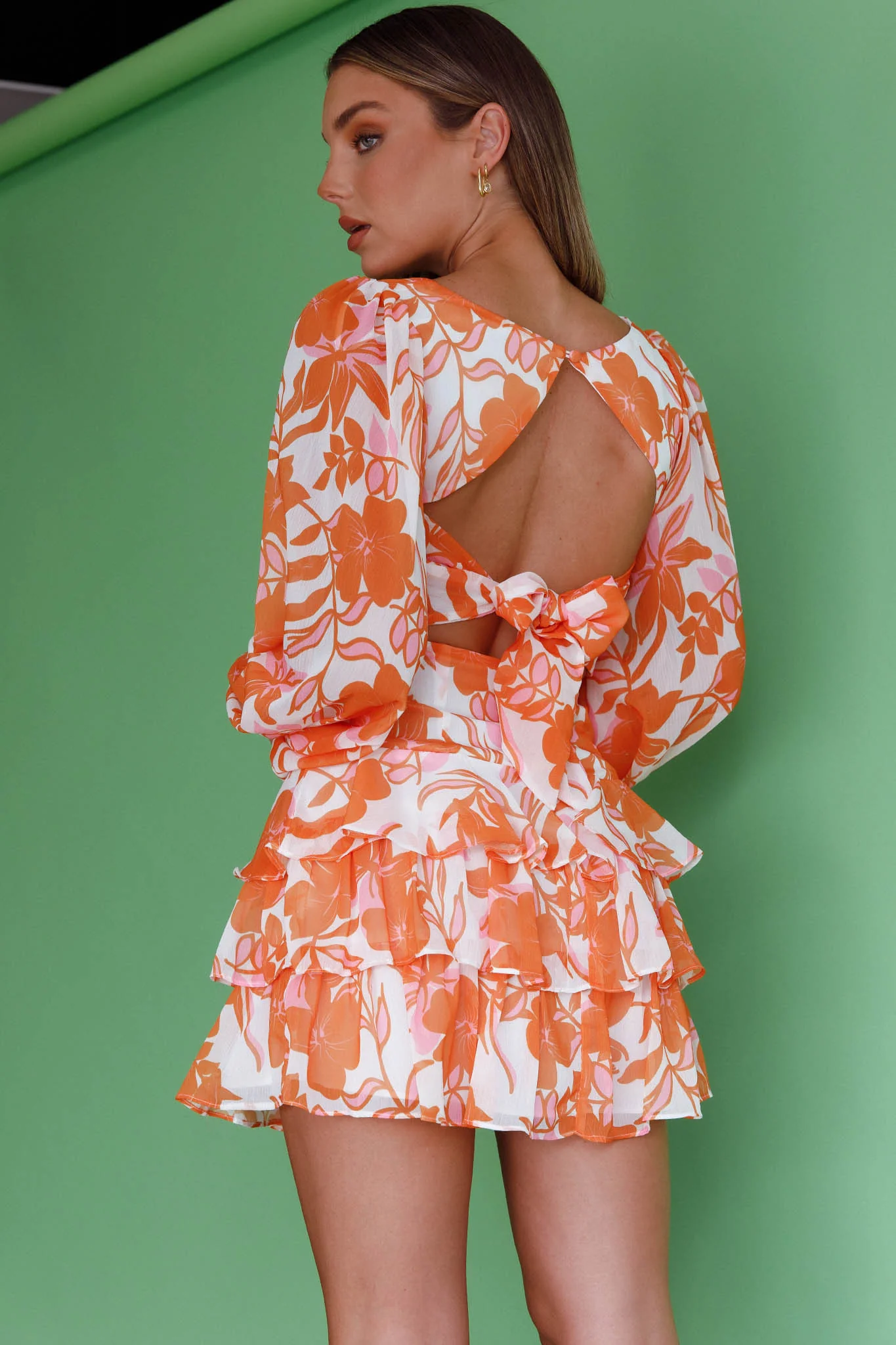 Romance Novel Long Sleeve Tied Back Floral Dress Orange - Sonourner