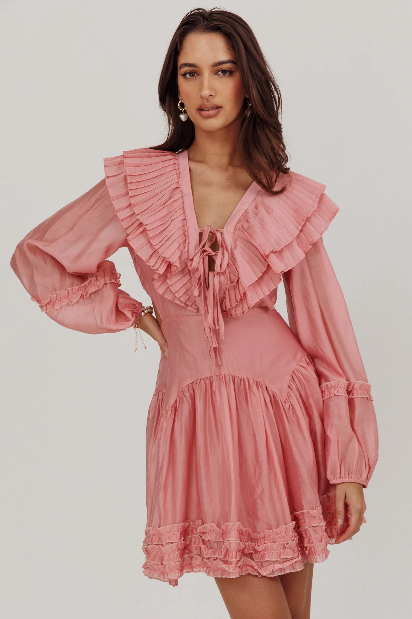 Alive Pleated Sailor Collar Mini Dress Dusty Pink - Sonourner