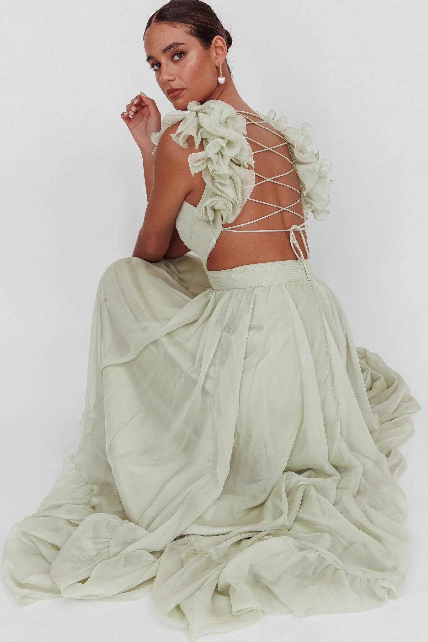 Bellamy Lace-Up Back Ruffle Maxi Dress Sage - Sonourner