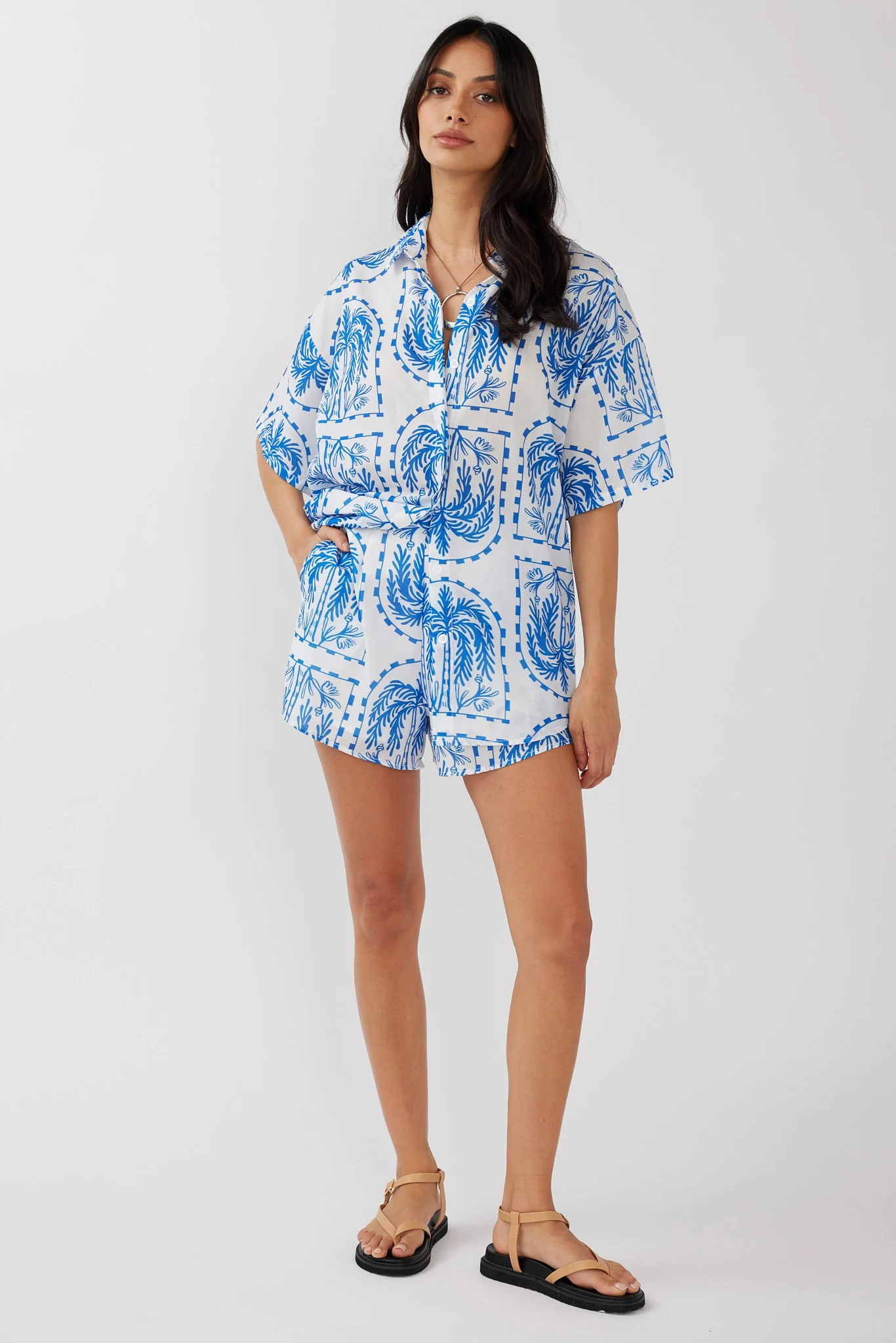 Cora Elastic Waist Shorts Print Blue White - Sonourner