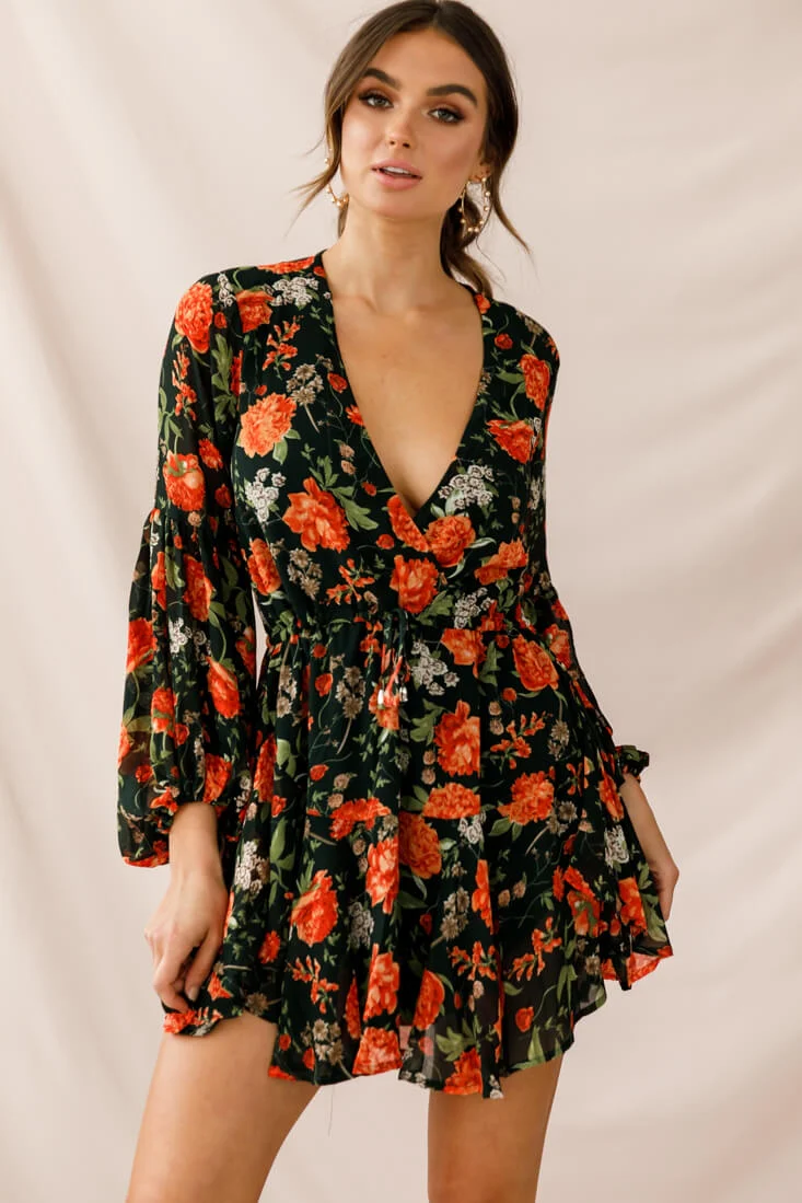 Annalise Long Sleeve Drawstring Dress Green/Orange - Sonourner