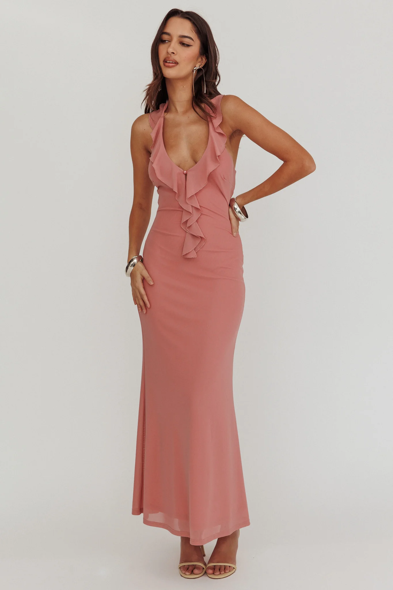 Live Loud Ruffle Halterneck Maxi Dress Rose - Sonourner