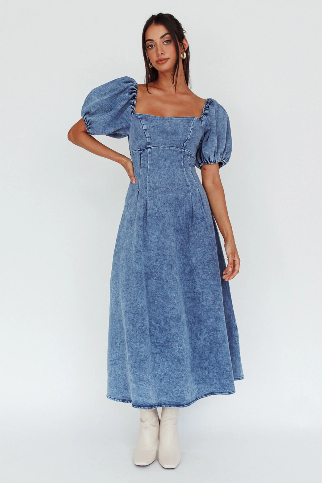 Zurich Puff Sleeve Midi Dress Blue - Sonourner