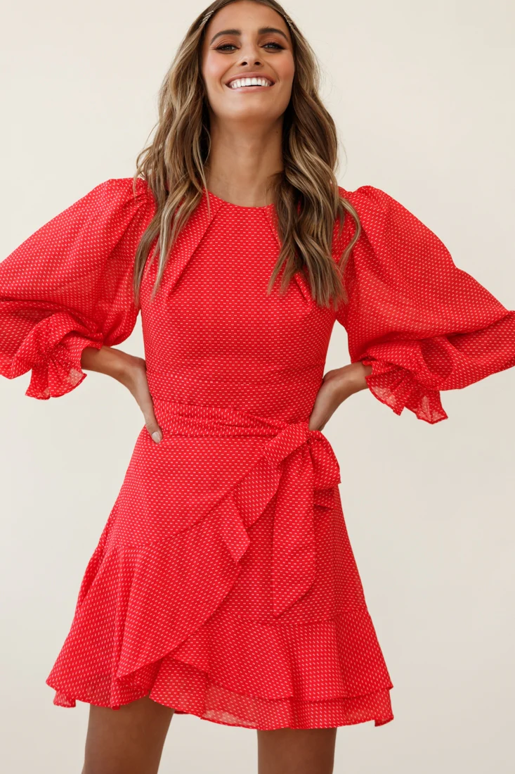 Agnes Long Sleeve Pleat Detail Dress Red - Sonourner