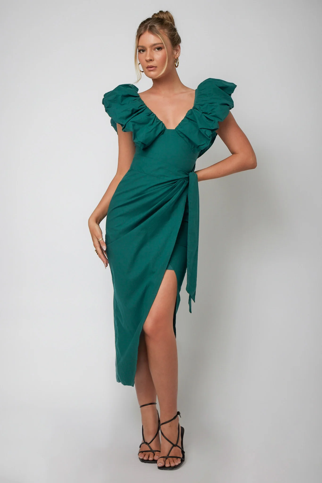 Kahlo Ruffle Neckline Wrap Midi Dress Green - Sonourner