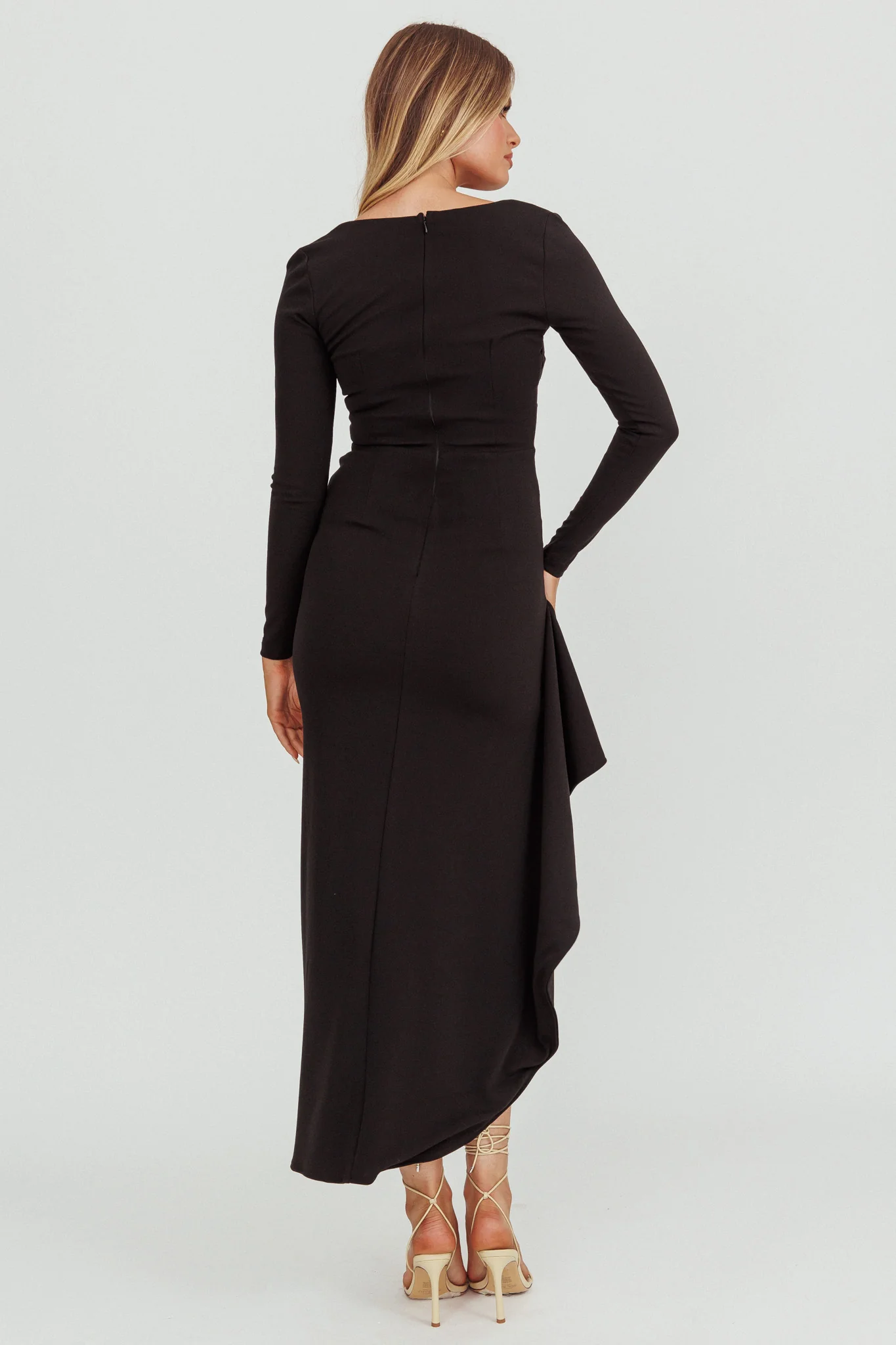 Cha Cha Long Sleeve Thigh Split Dress Black - Sonourner
