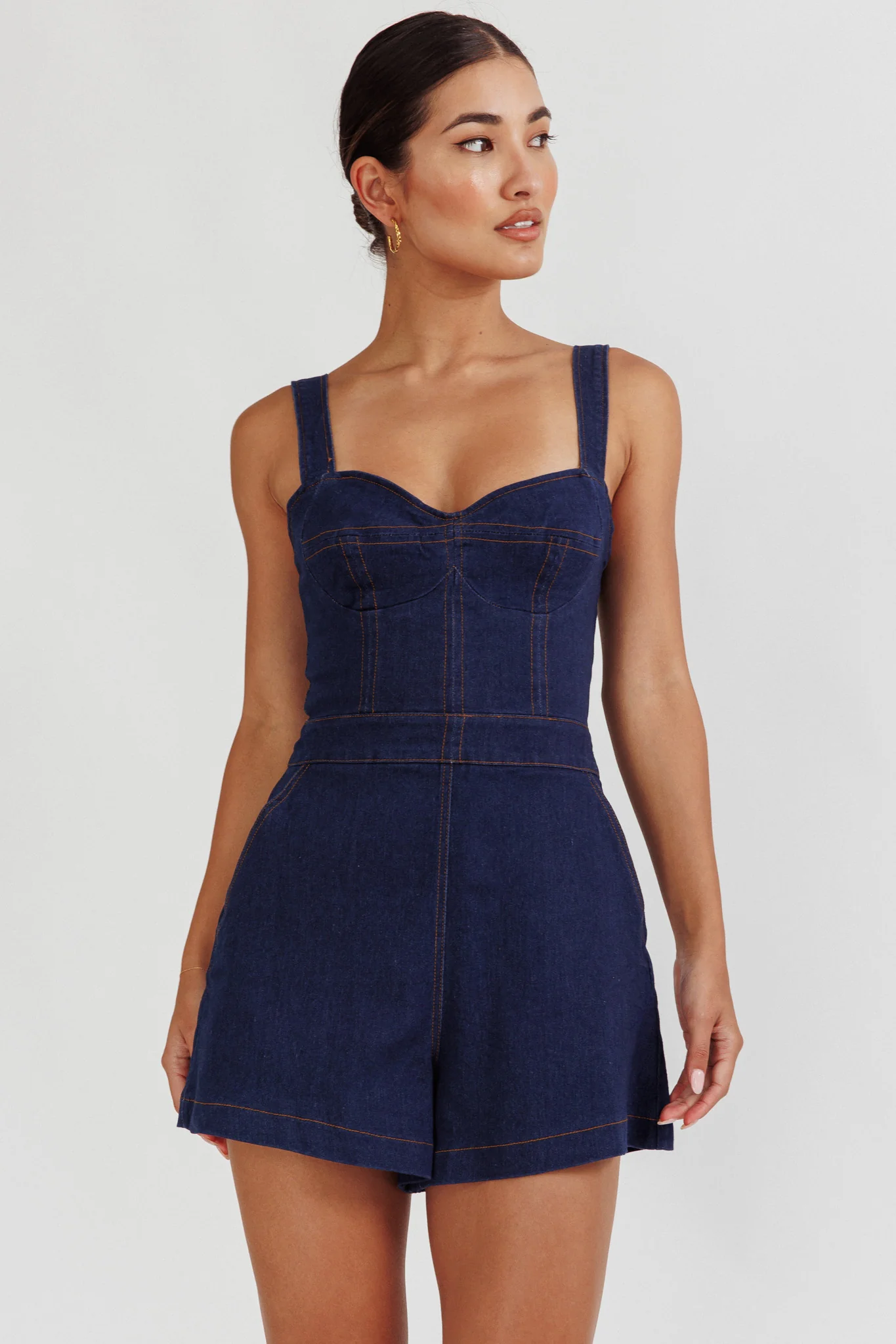 Tease Me Sweetheart Neckline Denim Romper Indigo - Sonourner