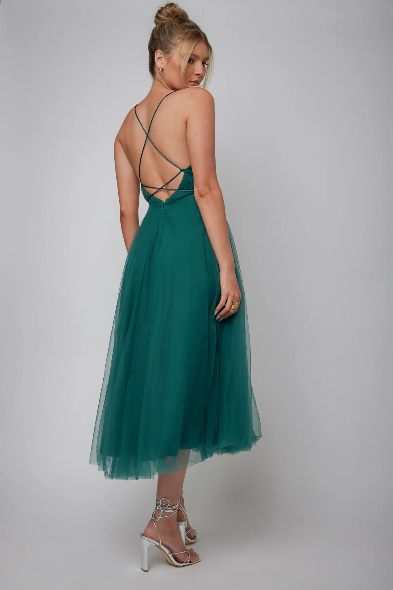 Floating By Plunging Neckline Mesh Overlay Midi Dress Forest Green - Sonourner