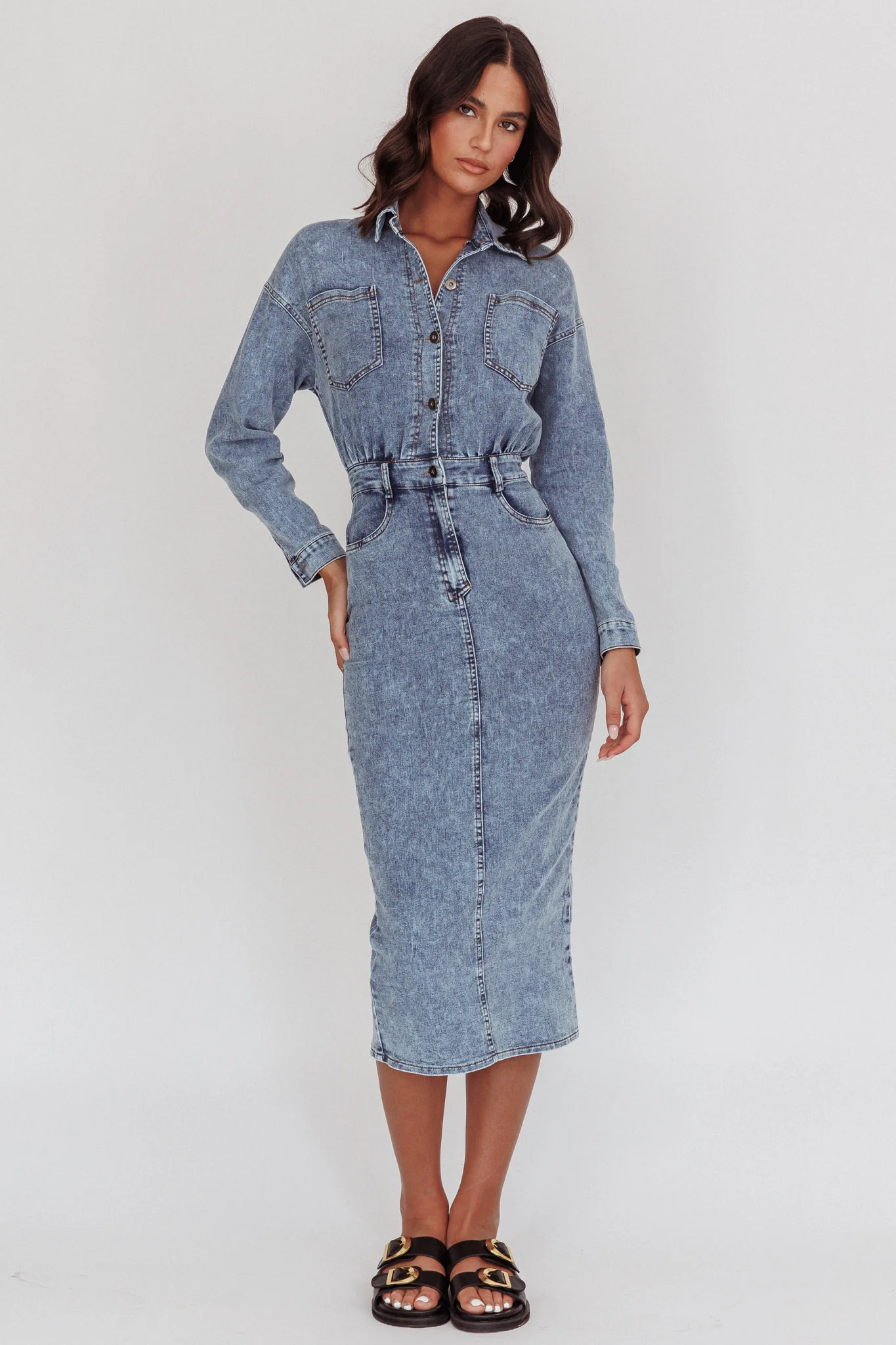 Light Inside Long Sleeve Midi Dress Denim Blue - Sonourner