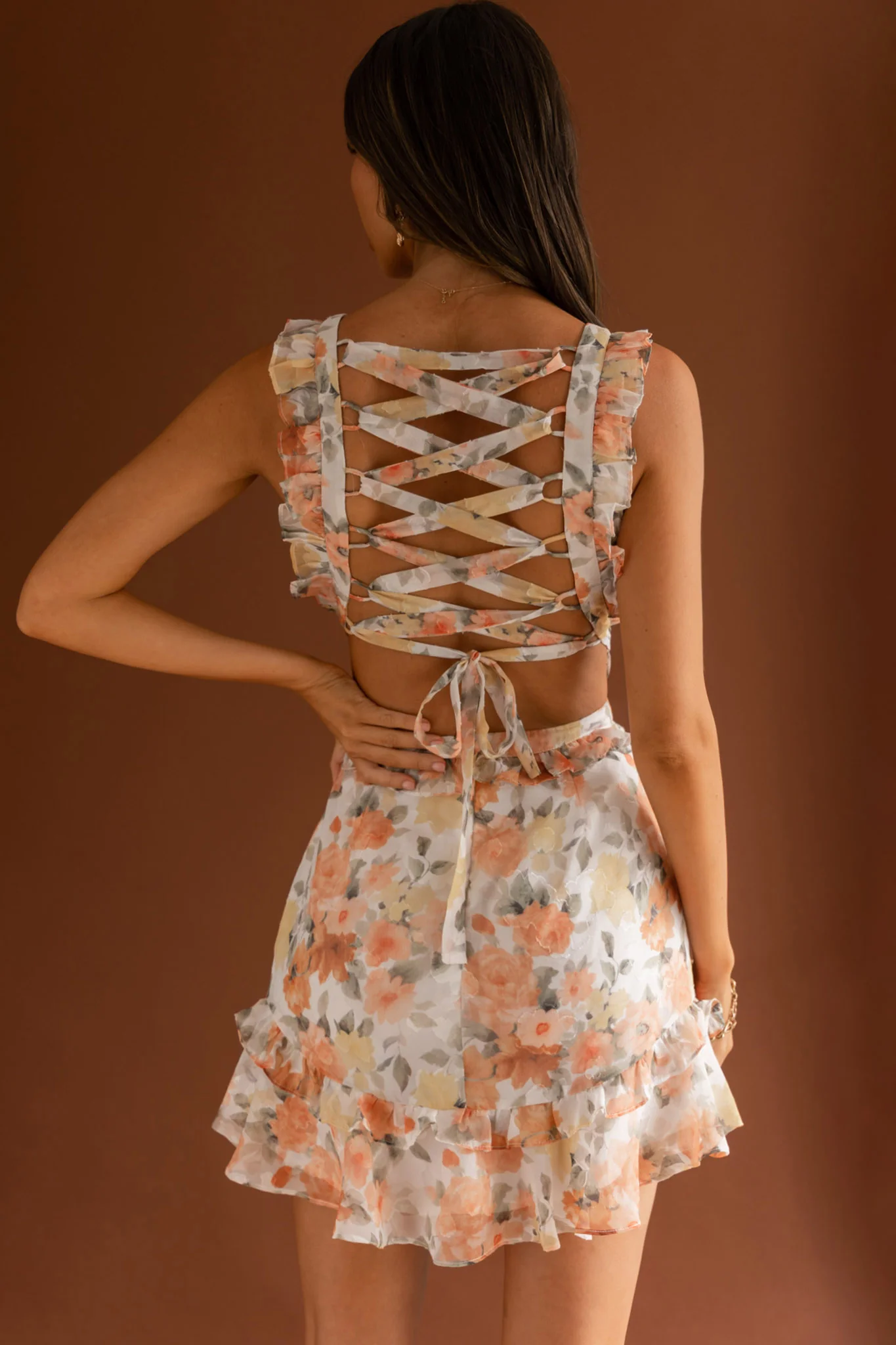 My Belle V-Neckline Lace-Up Back Frill Dress Floral Orange - Sonourner