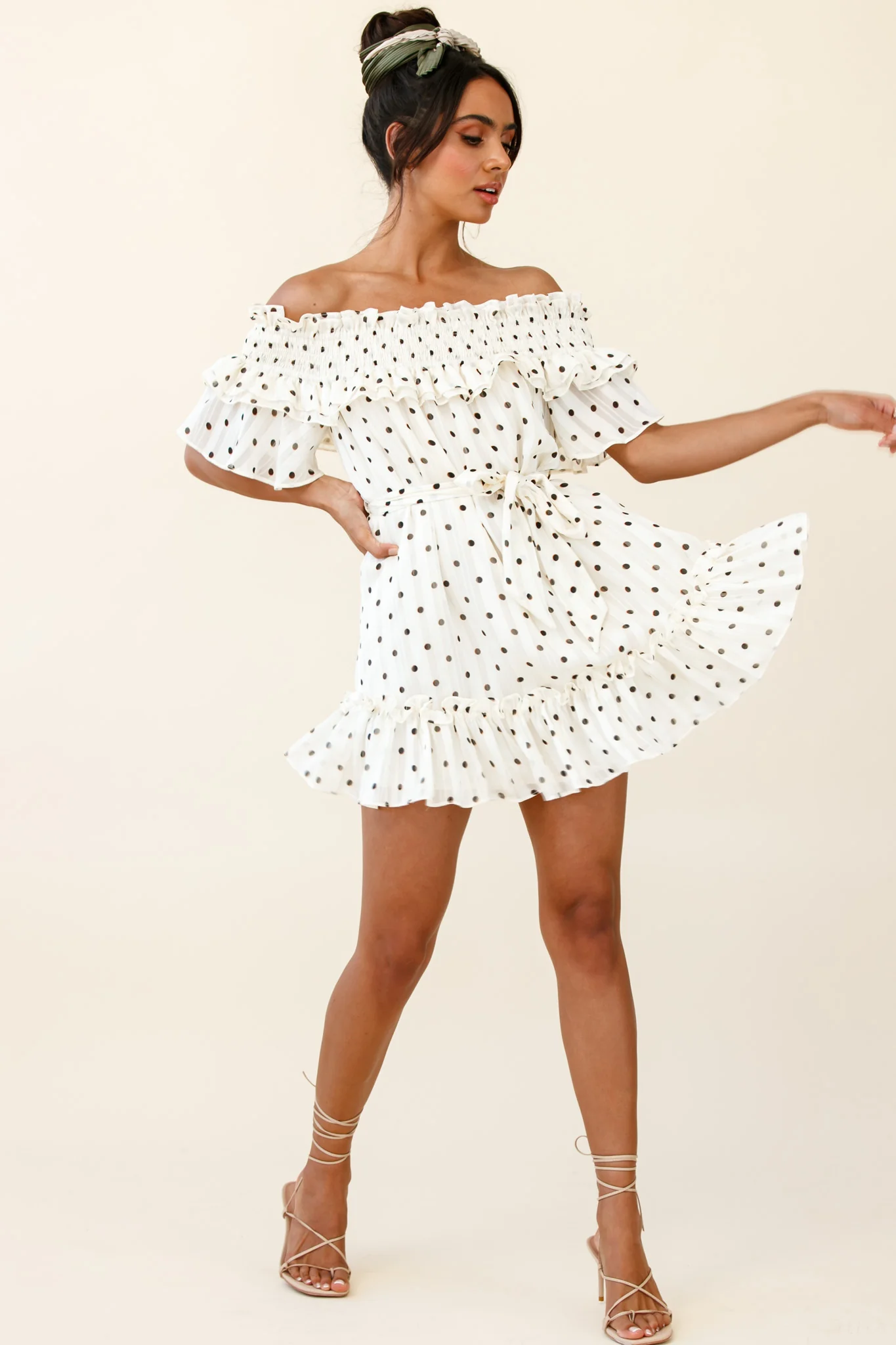 Rita Shirred Off-Shoulder Dress Polka Dot Print White - Sonourner