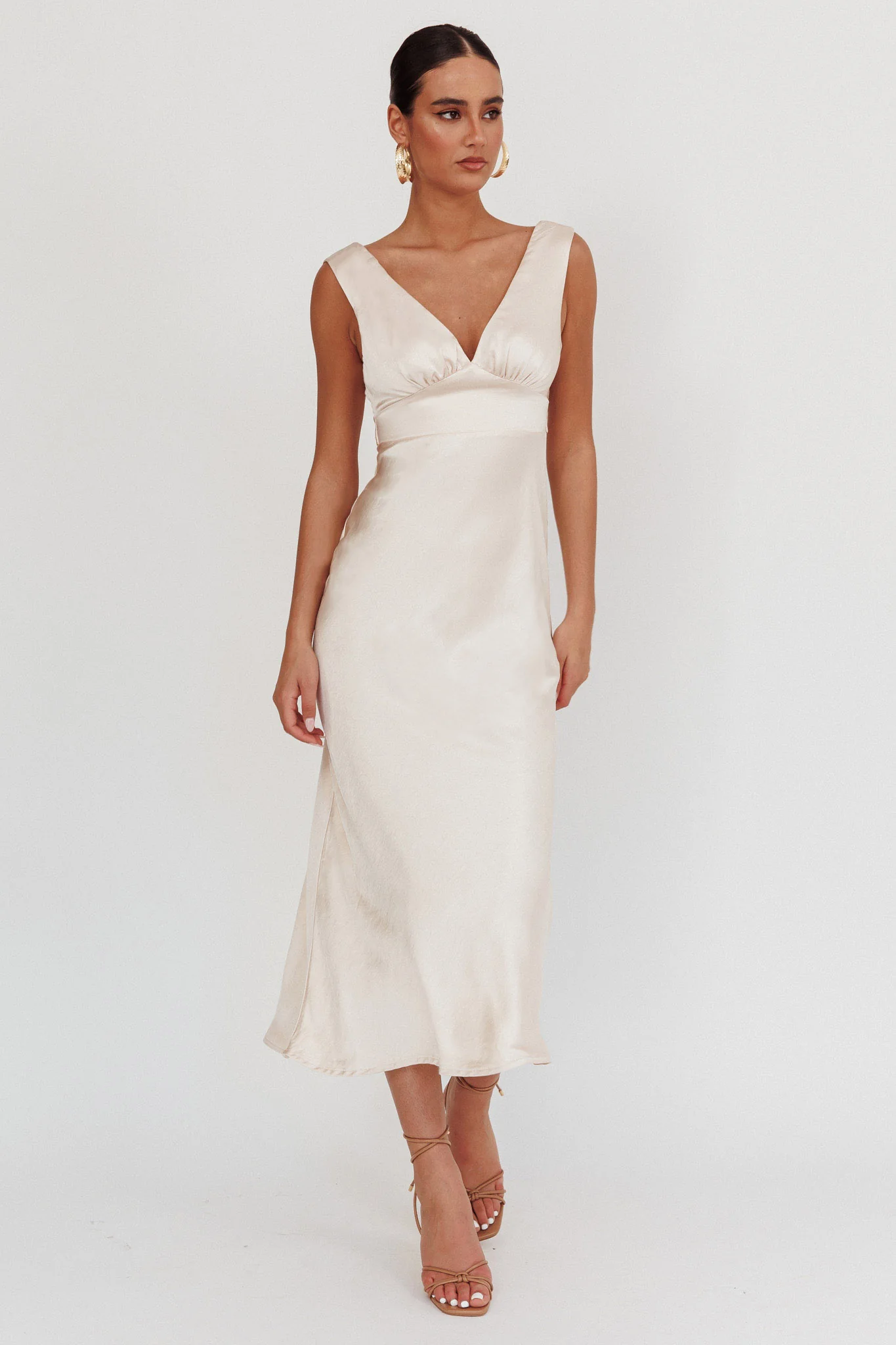 Leila V-Neck Low Back Satin Midi Dress Ivory - Sonourner