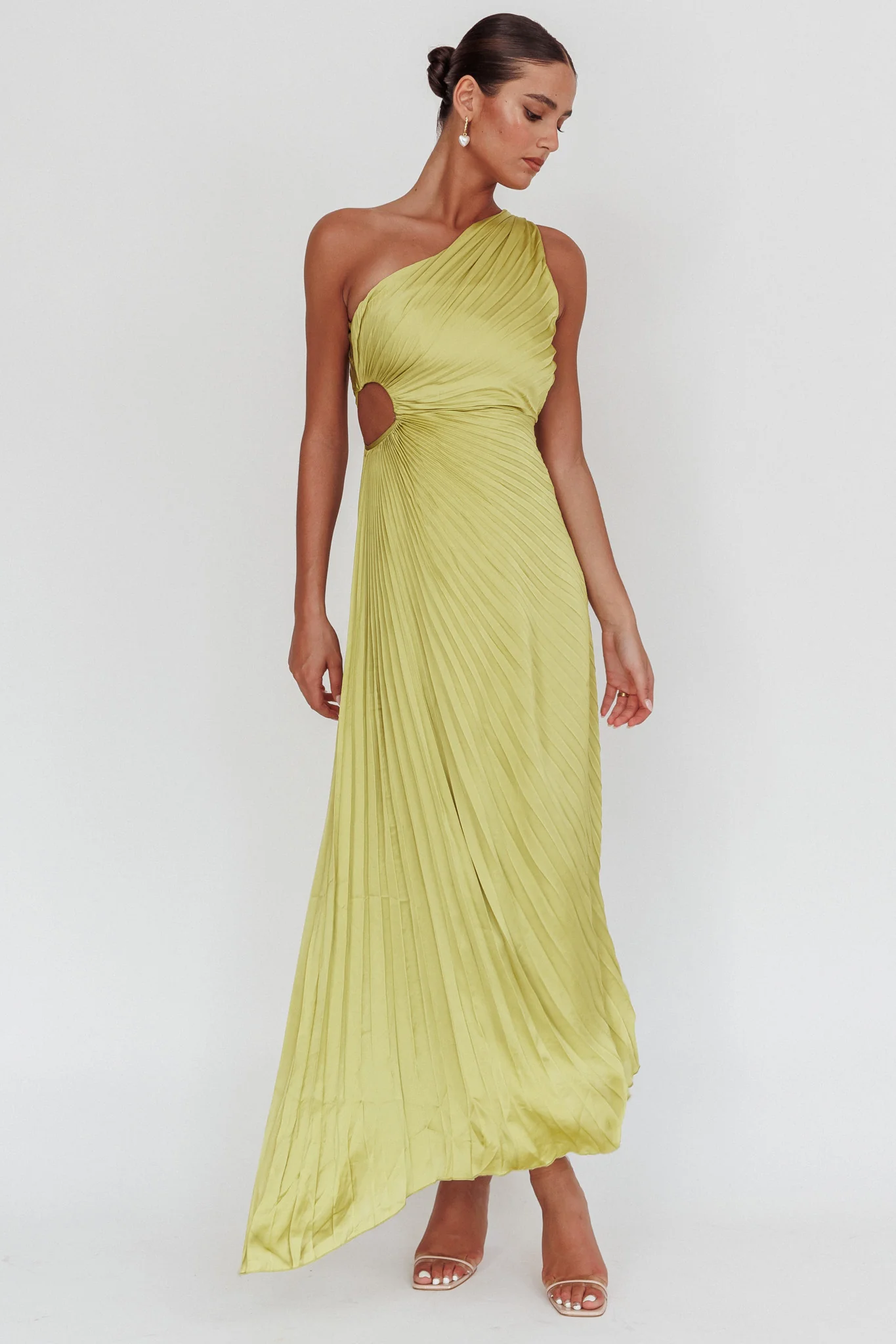 Amelie One-Shoulder Accordion Pleat Maxi Dress Lime - Sonourner