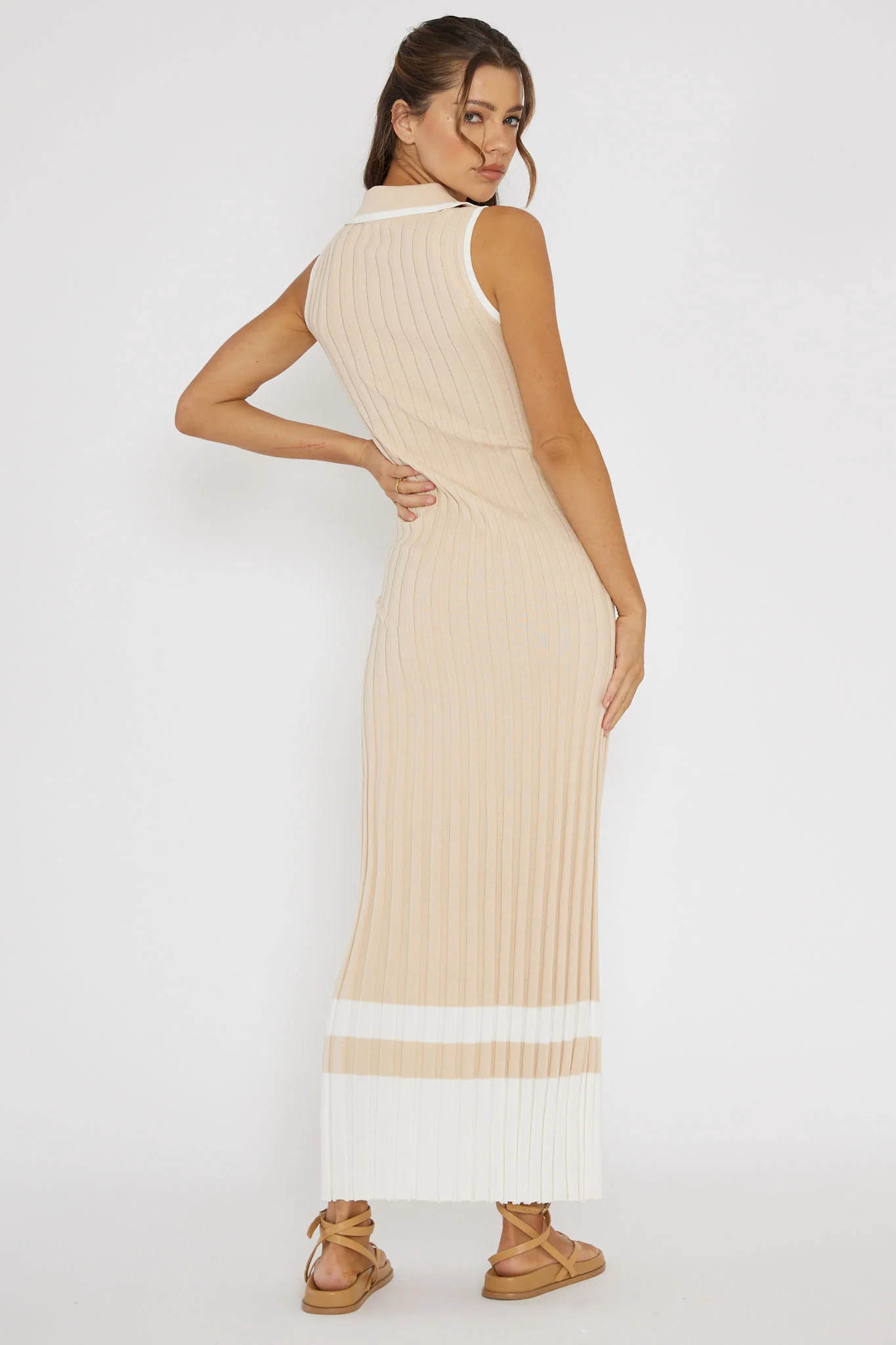 Cayla Button-Up Ribbed Knit Dress Sand - Sonourner