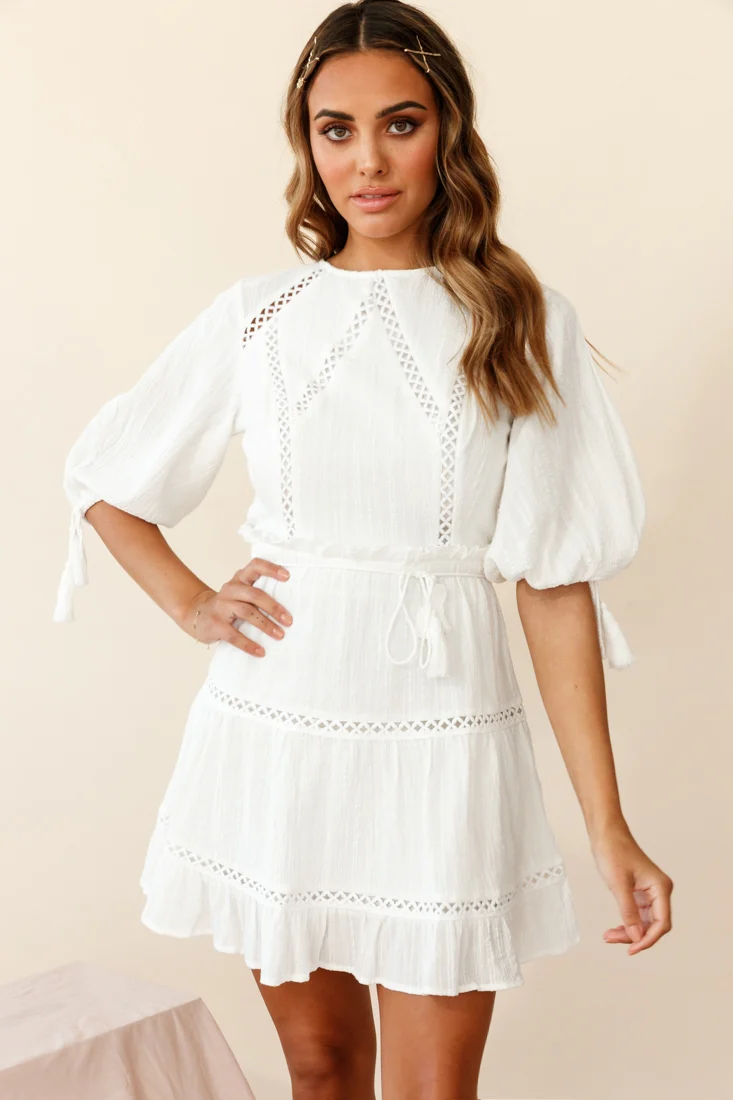 Antonia Half Puff Sleeve Crochet Detail Dress White - Sonourner