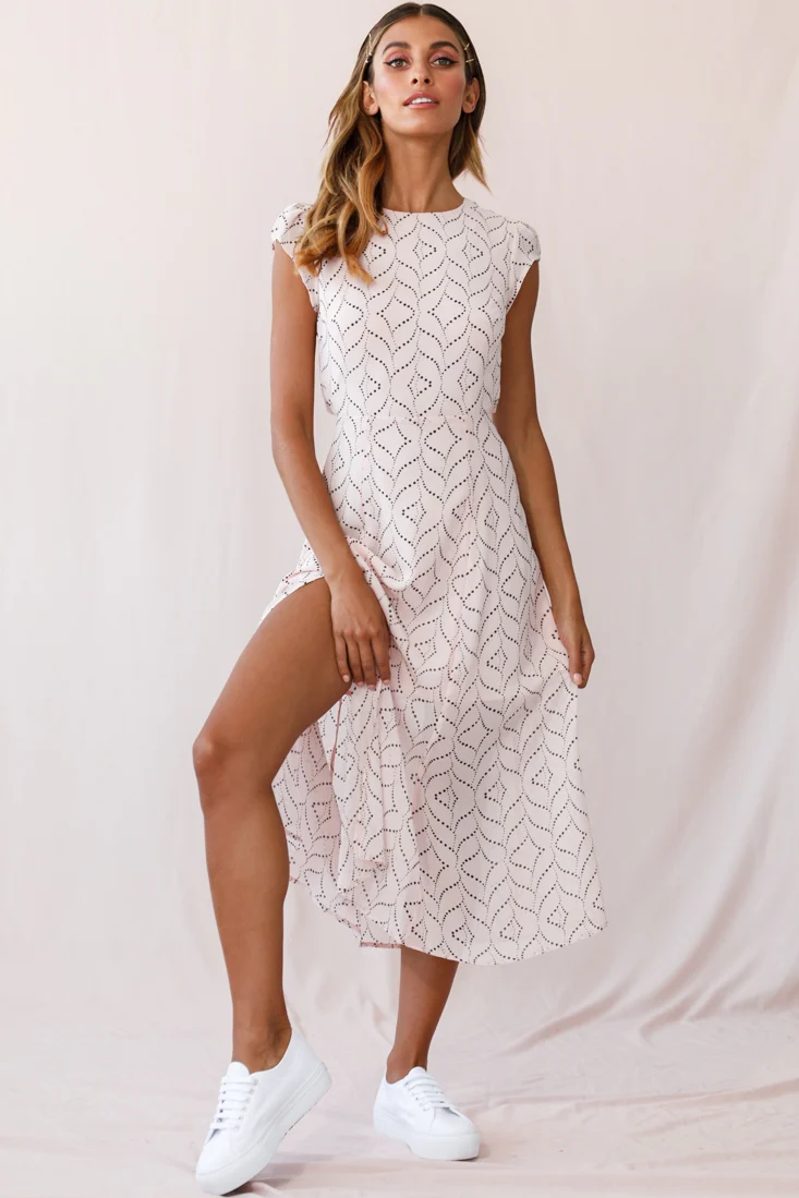 Becky Cap Sleeve Crew Neck Midi Dress Dot Print Blush - Sonourner