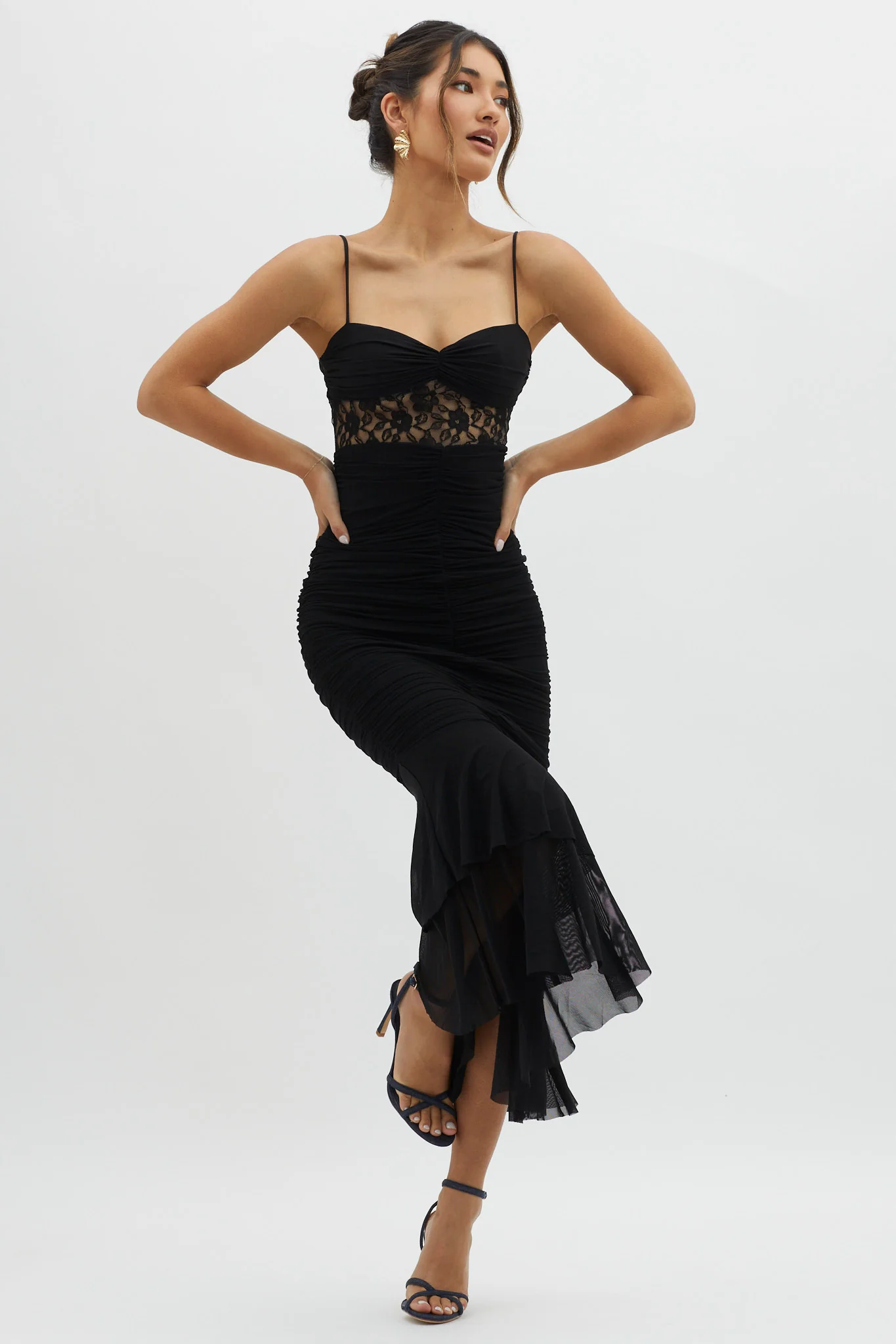 Cherubim Lace Insert Ruched Midi Dress Black - Sonourner