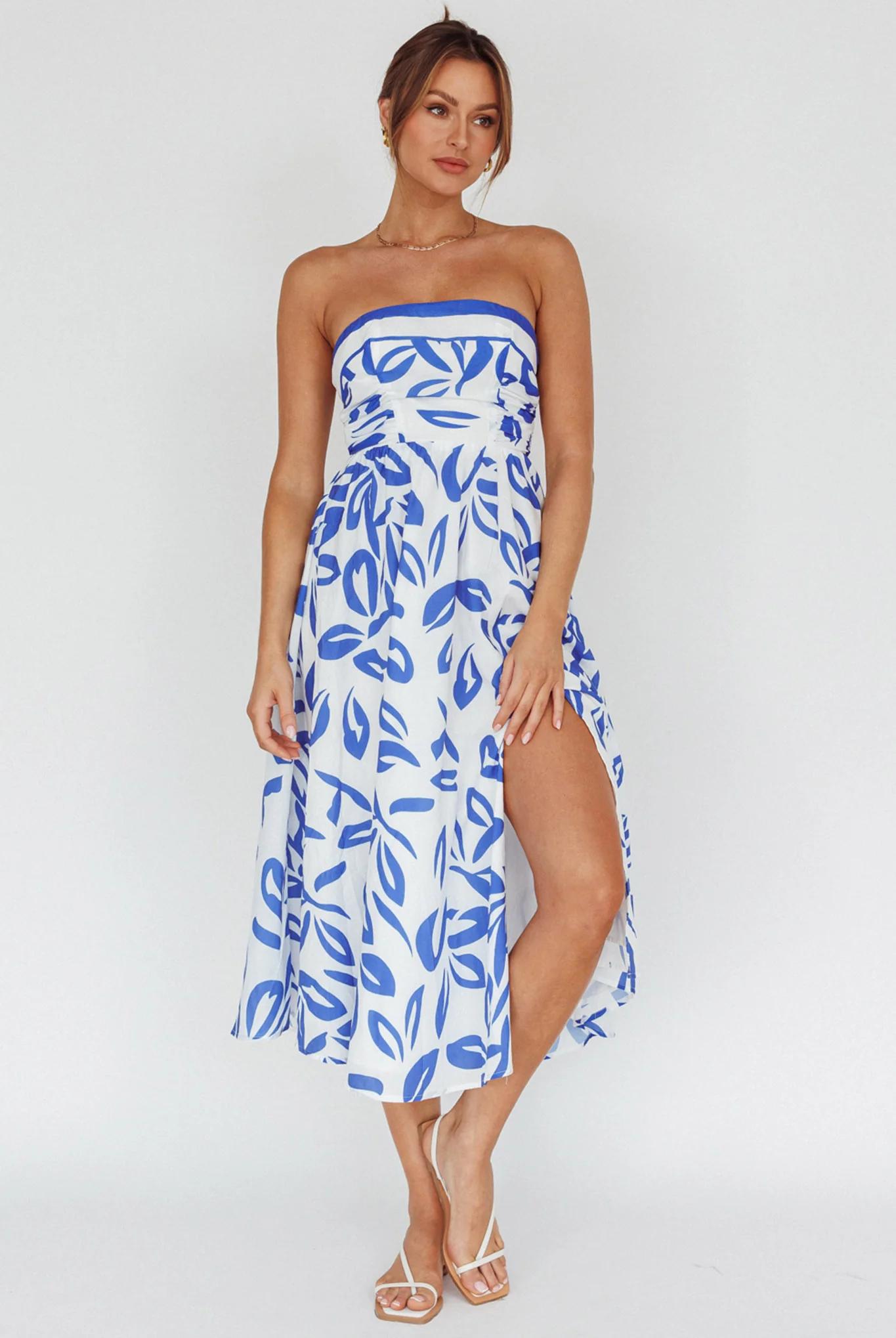 Randi Tie-Back Maxi Dress Leaf Print Blue - Sonourner
