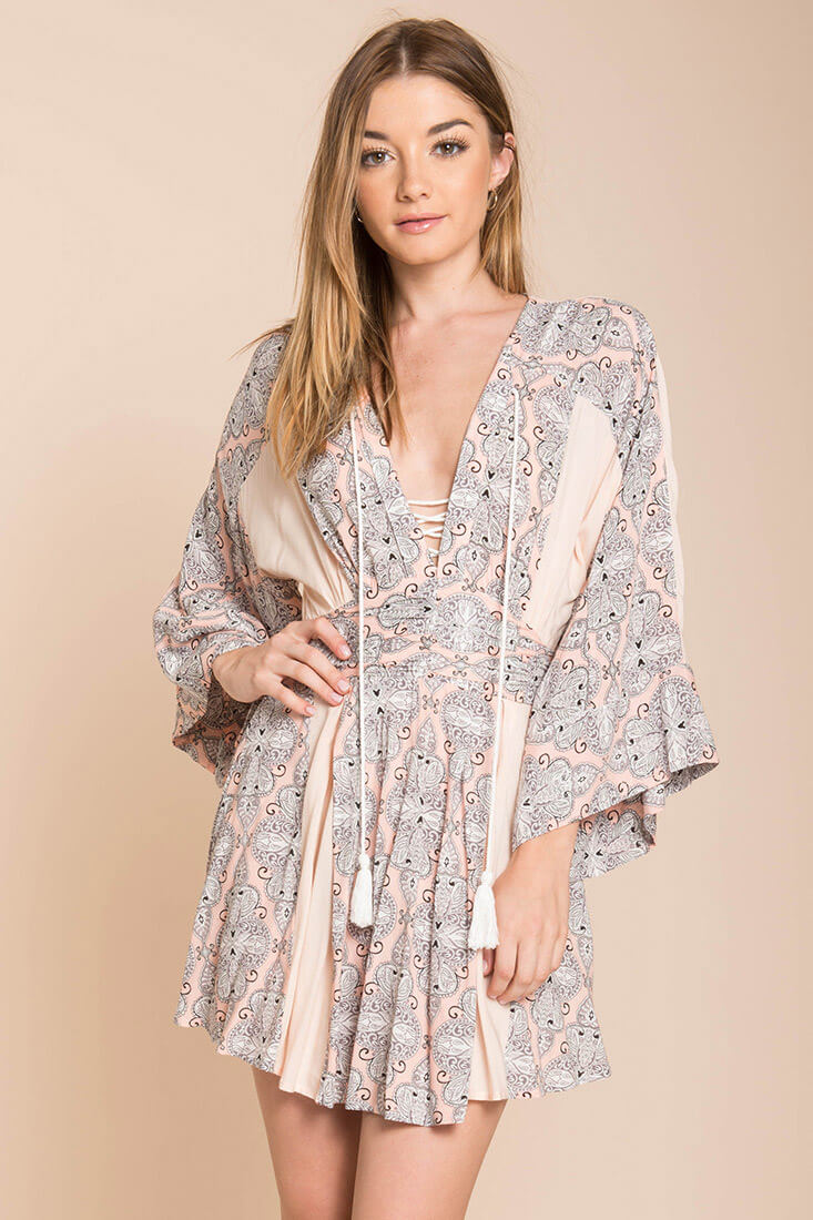 Brielle Bell Sleeve Summer Dress Peach Print - Sonourner