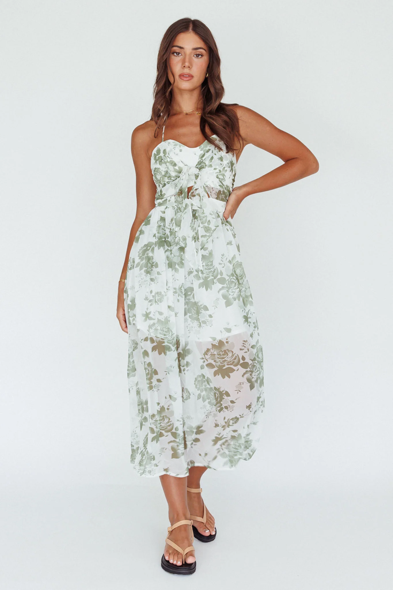 Los Feliz Tied Bust Halterneck Midi Dress Floral Green - Sonourner