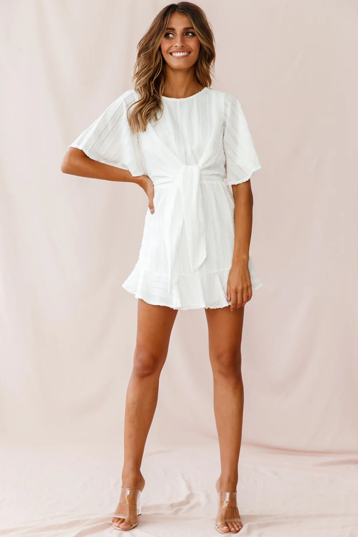 Knowing Tie-Front Frill Hem Dress White - Sonourner
