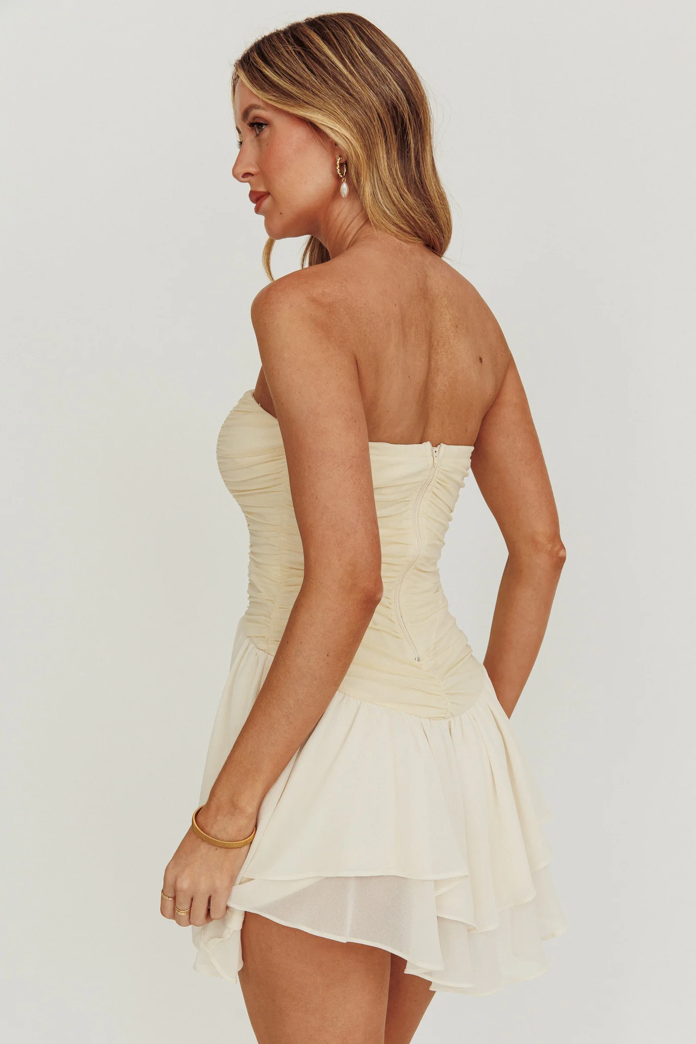 Cherry Lips Strapless Chiffon Mini Dress Cream - Sonourner