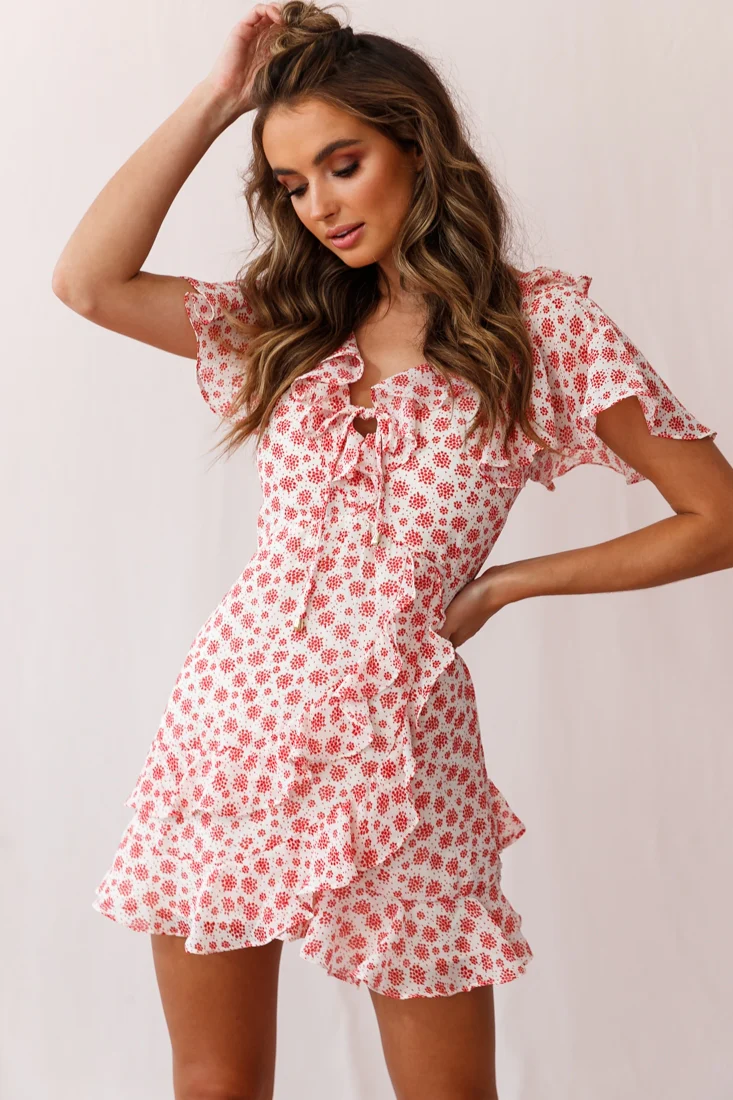 Kalina Ruffle Neckline Flutter Sleeve Mini Dress Dot Print Beige/Red - Sonourner