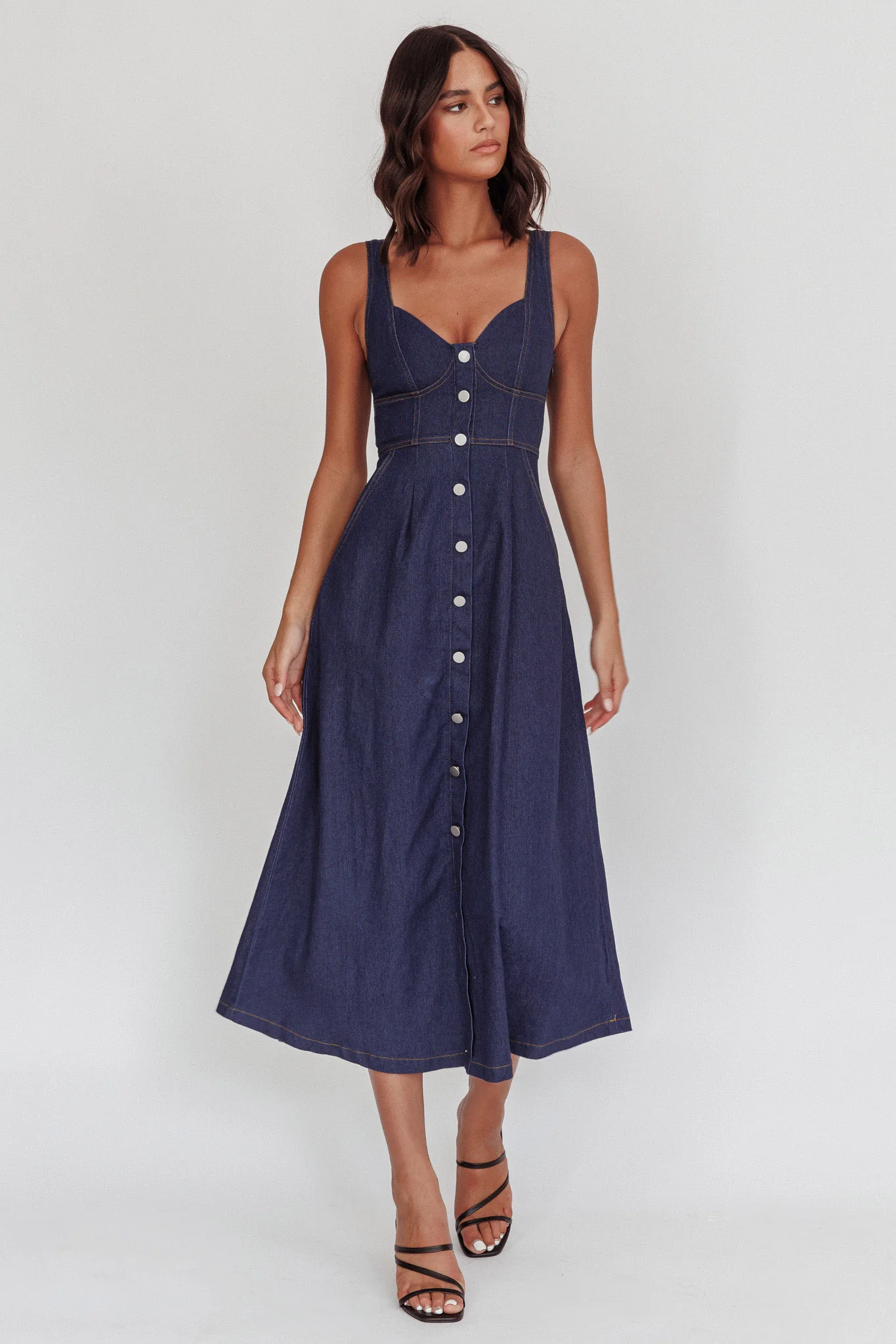 Pixie Dust Button Front Midi Dress Dark Denim - Sonourner